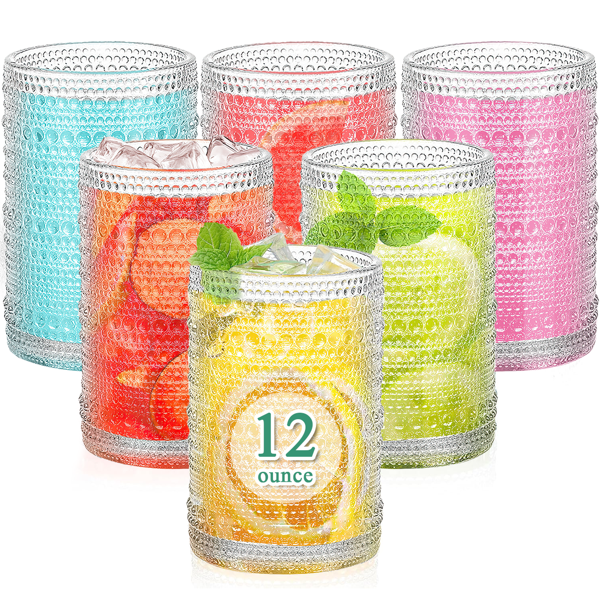 12 oz Vintage Hobnail Drinking Glasses ,Hobnail Glass Cups Set of 6, Embossed Water Tumbler, Cups for Kitchen, Beaded Glassware, Highball Glasses for Whiskey, Juice, Water, Beer