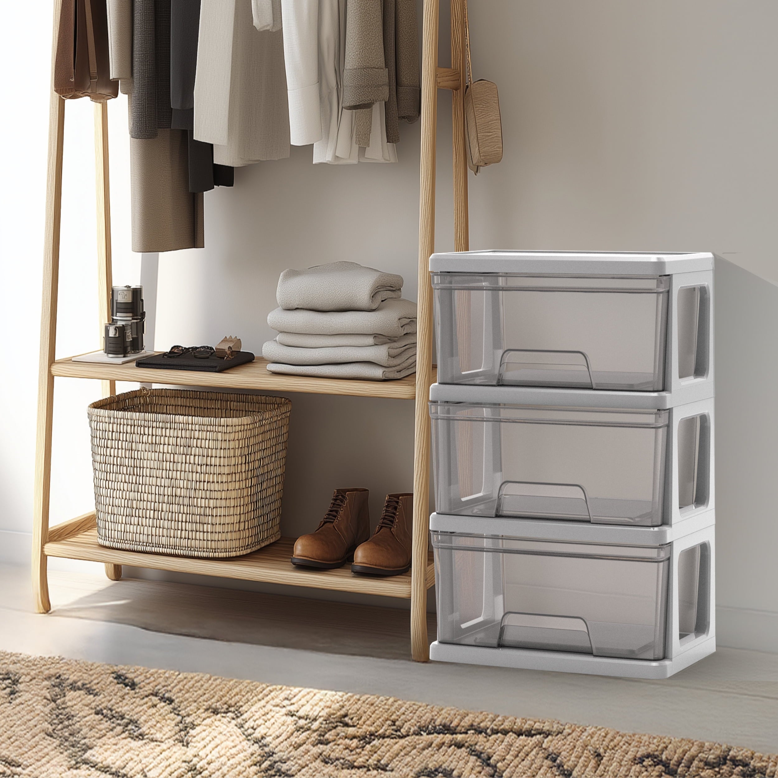 Knock Down Medium Storage Cart with Drawers, Silver Plastic