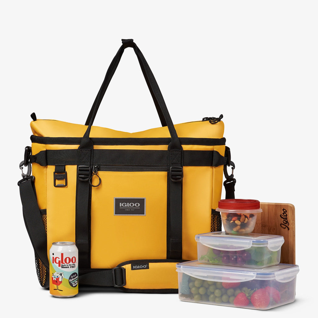 30 Can Capacity Pursuit Tote Cooler Bag with Padded Strap, Yellow and Black