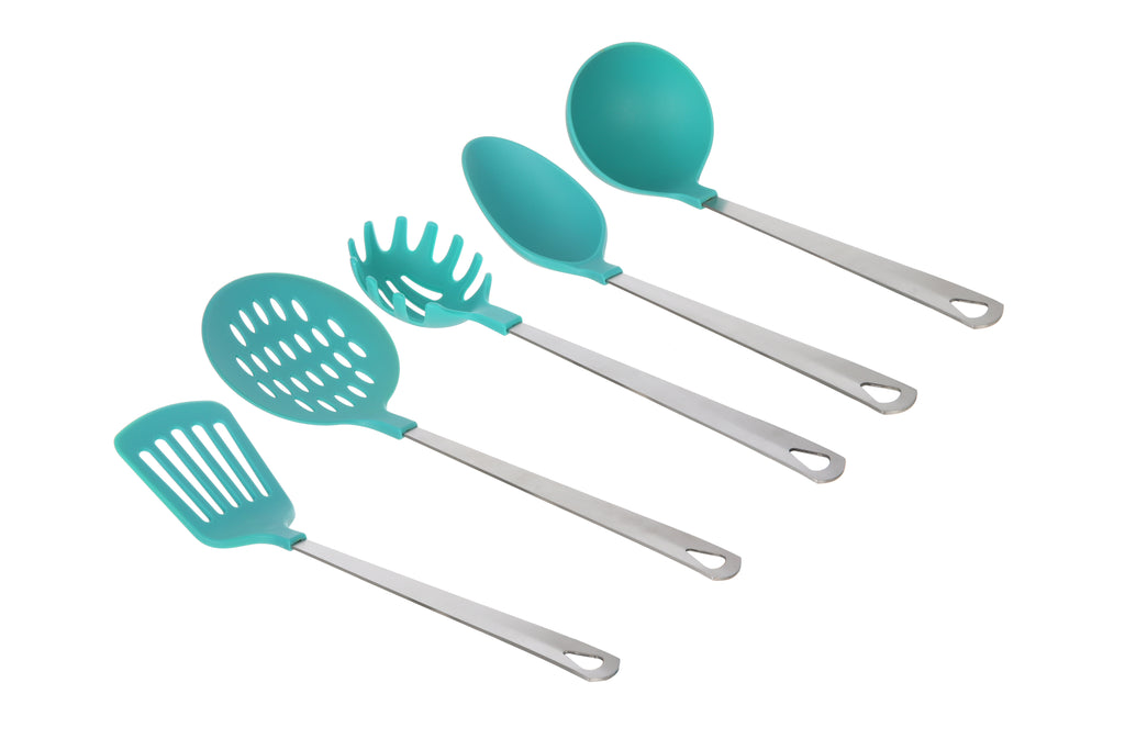 Stainless Steel and Nylon Kitchen and Cooking Utensil Set, Spoon, Spatula, Ladle, Pasta Spoon and Skimmer Assorted Colors