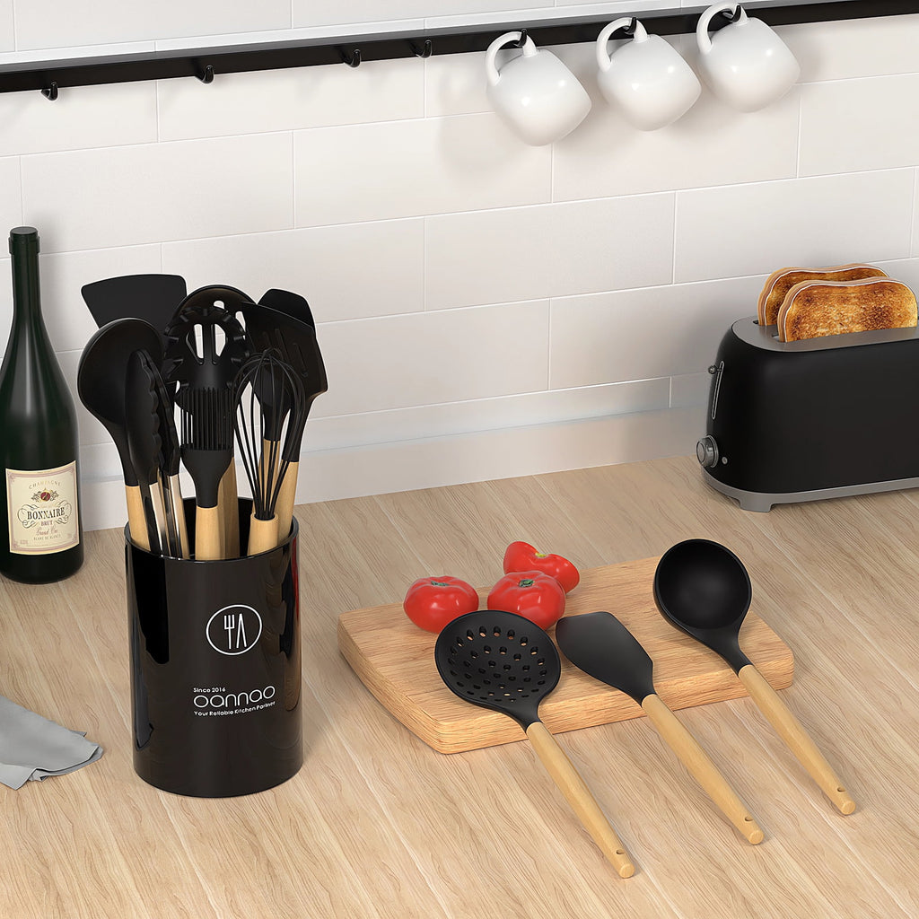 Silicone Cooking Utensils Set - 446°F Silicone Kitchen Utensils for Cooking,Kitchen Utensil Spatula Set w Wooden Handles and Holder, BPA FREE Gadgets for Non-Stick Cookware (Navy Blue)
