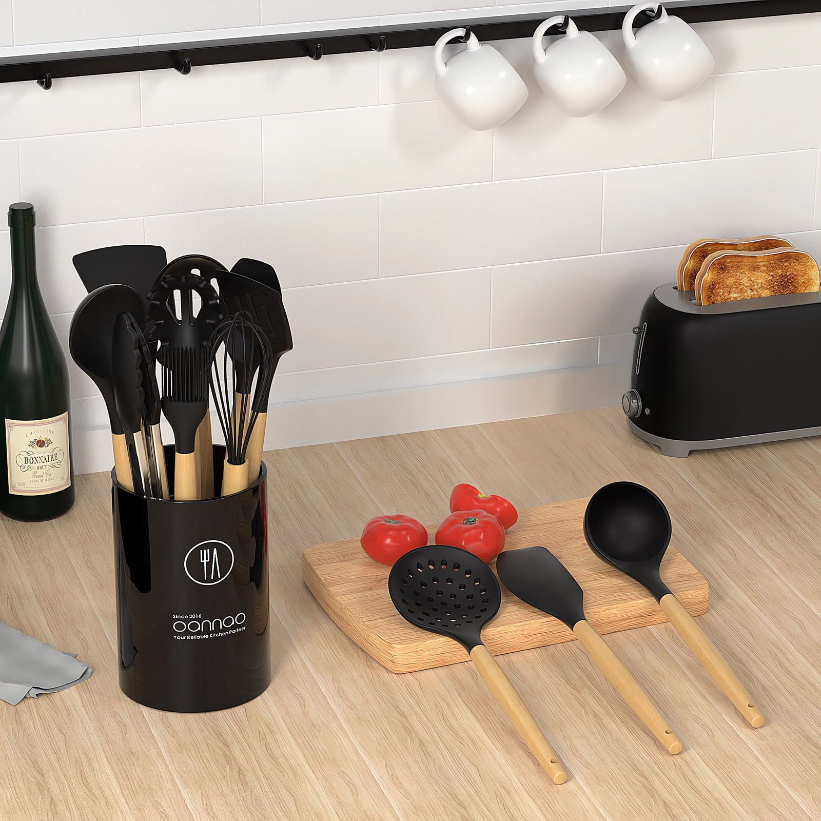 Silicone Cooking Utensils Set - 446°F Silicone Kitchen Utensils for Cooking,Kitchen Utensil Spatula Set w Wooden Handles and Holder, BPA FREE Gadgets for Non-Stick Cookware (Navy Blue)