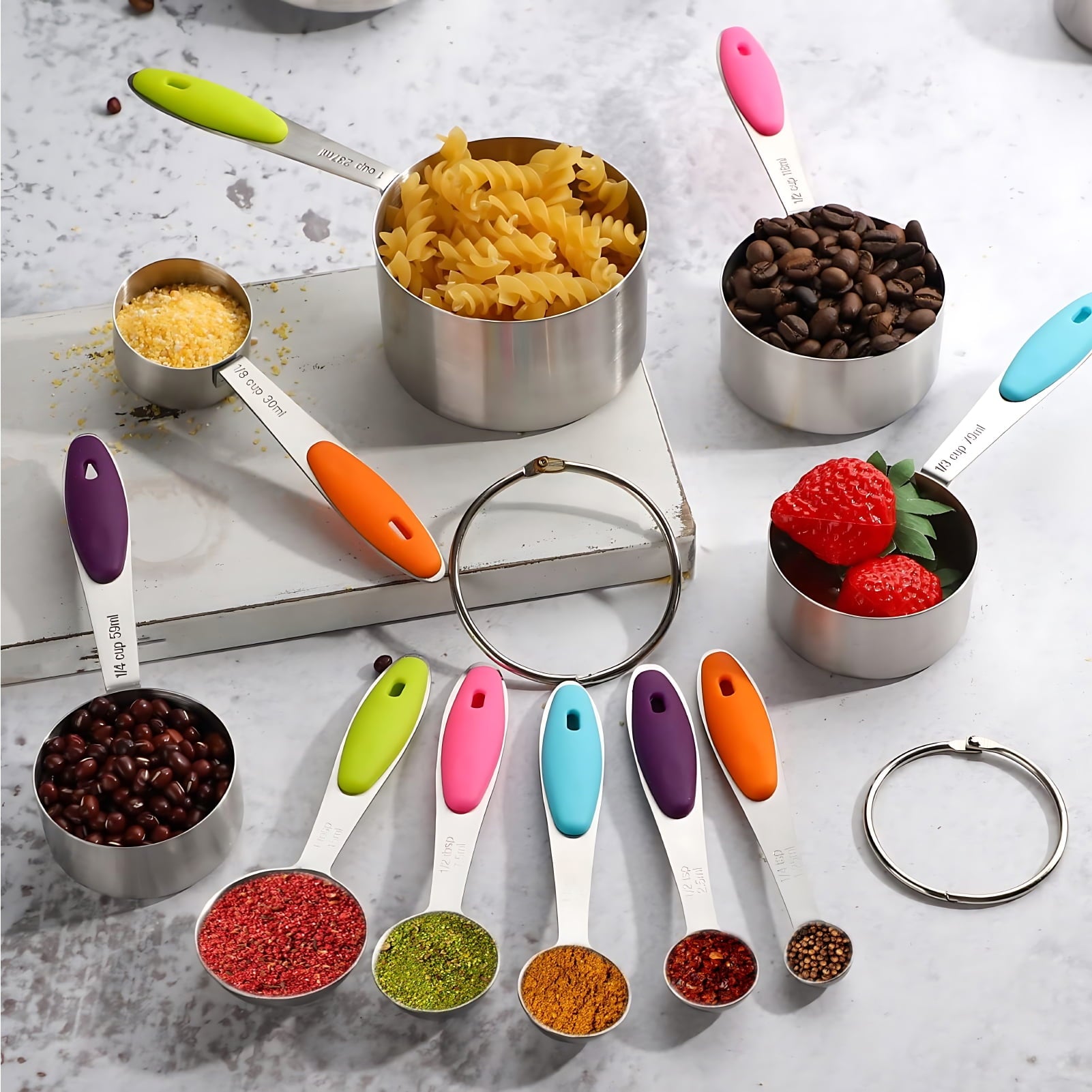 Measuring Cups and Spoons Set of 15, Kitchen Measuring Tool with Colored Silicone Handle, Including 5 Nesting Measuring Cups, 5 Spoons, 5 Mini Spoons Stainless Steel for Cooking Baking