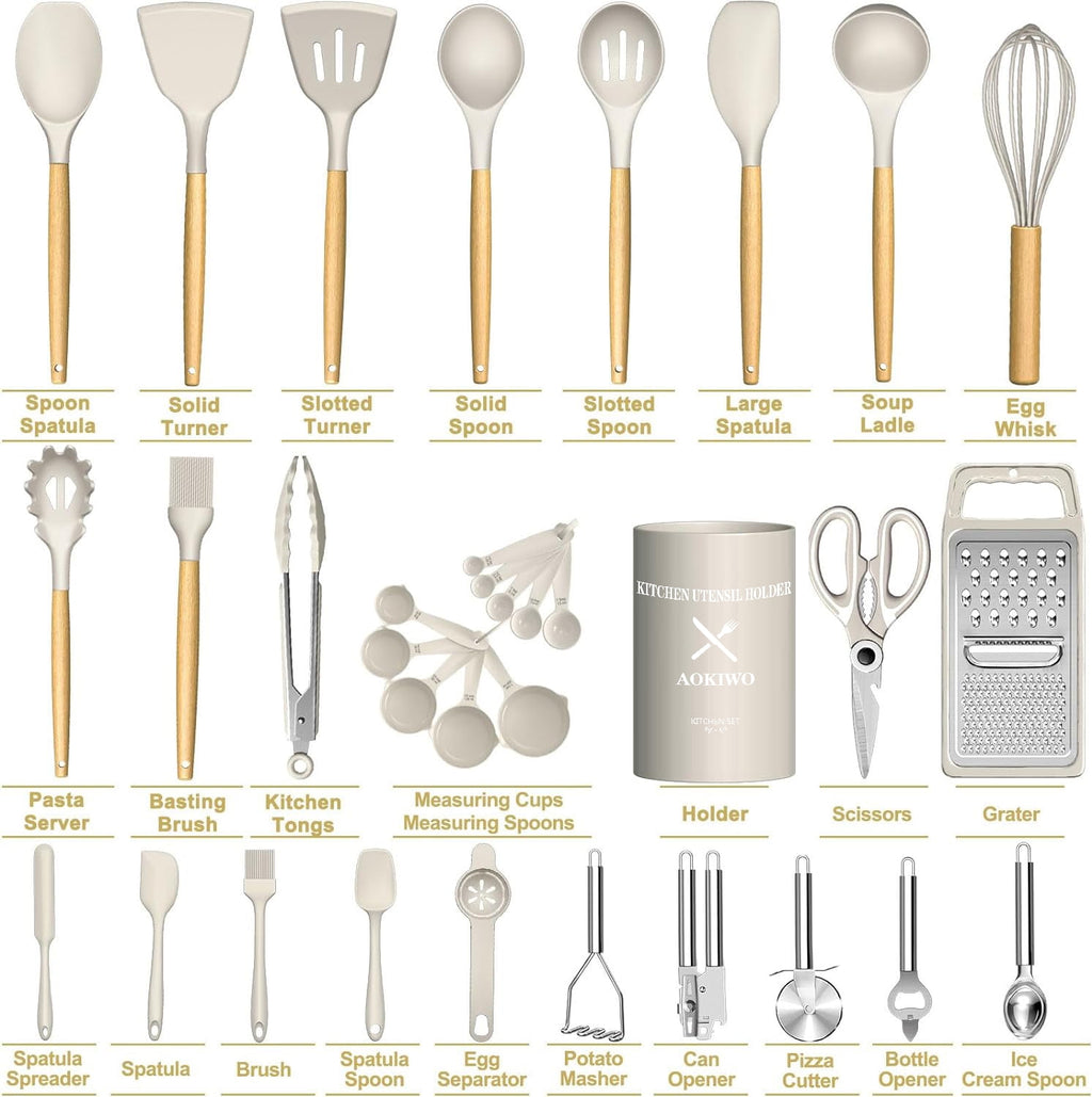Kitchen Utensil Set, 34Pieces Silicone Cooking Utensil Set with Wooden Handle, Spatula Set Gadgets Tools Cookware, Khaki
