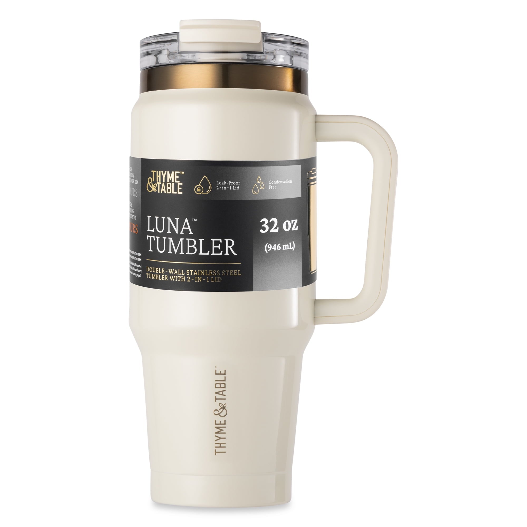 Thyme &amp; Table 32 fl oz Stainless Steel Luna Tumbler with Handle and Dual Straw Lid, Cream &amp; Black Check
