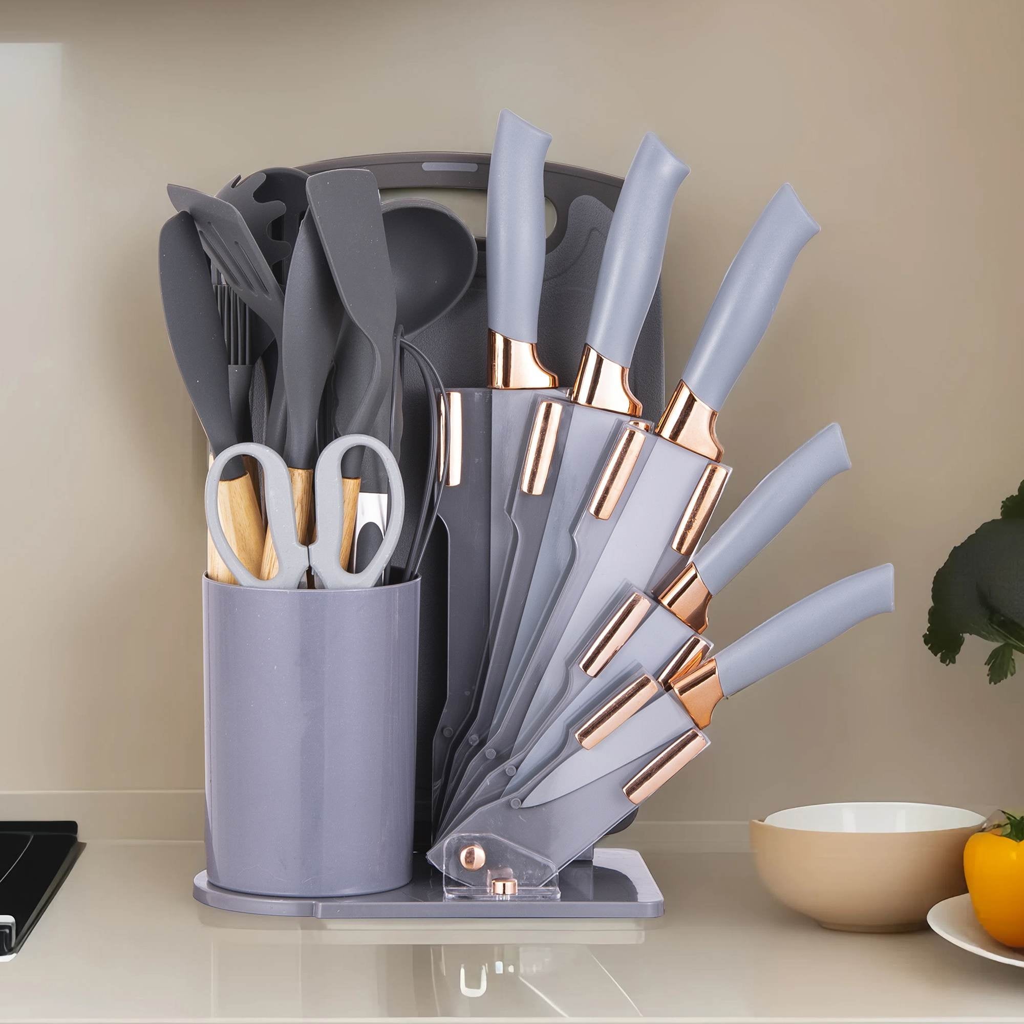 19-Piece Silicone Kitchen Utensil &amp; Knife Set - Heat-Resistant Cooking Tools Non-Stick Safe Gift for Mom or Women Black