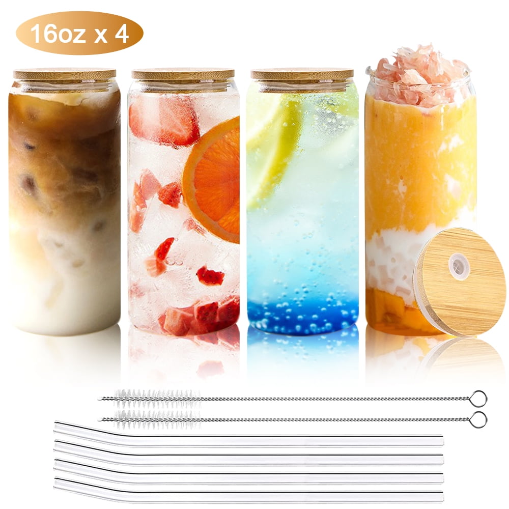 16 oz Glass Cups with Bamboo Lids and Glass Straws, Drinking Glasses Set of 4, Beer Can Shaped Glasses with 2 Cleaning Brushes