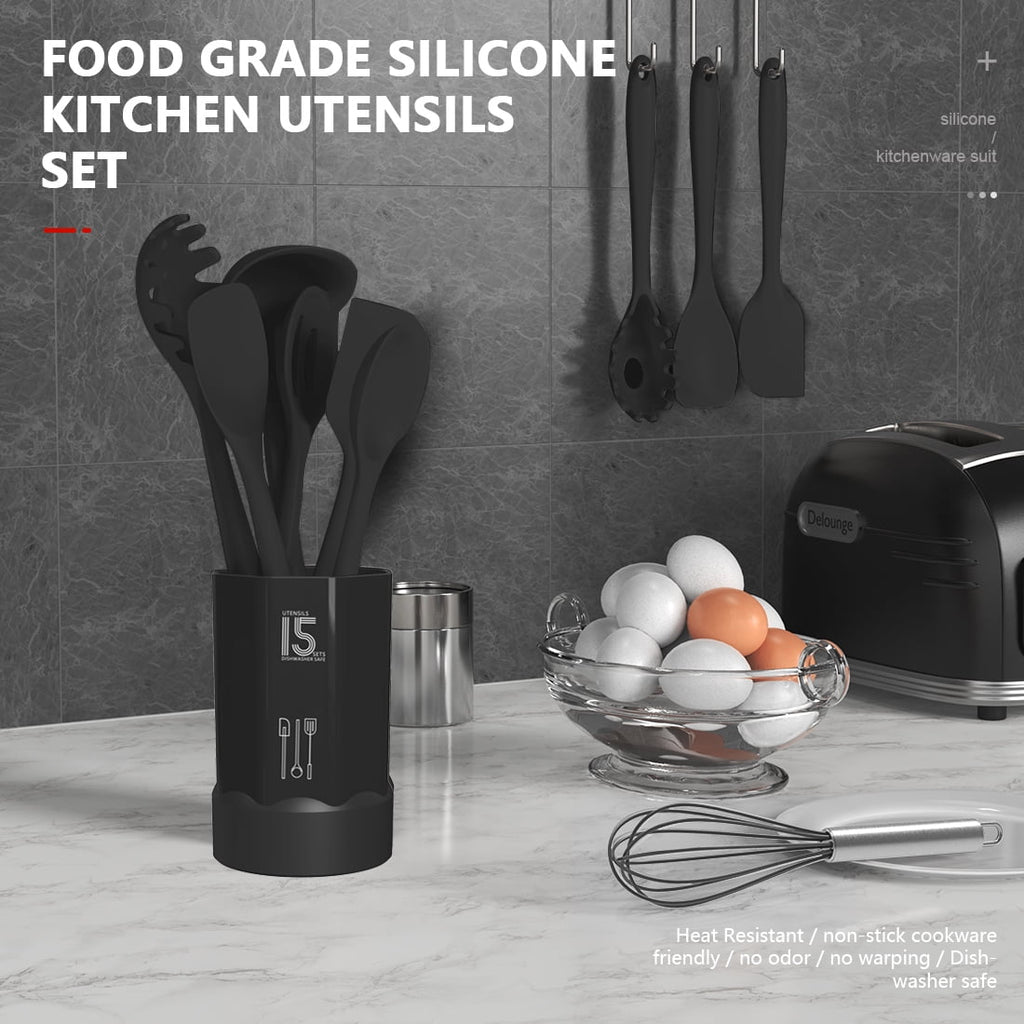Black Silicone Cooking Utensils Set - 446°F Kitchen Utensils,Turner Tongs,Spatula,Spoon,Brush,Whisk,Kitchen Utensil Gadgets Tools Set for Nonstick Cookware, (BPA Free)