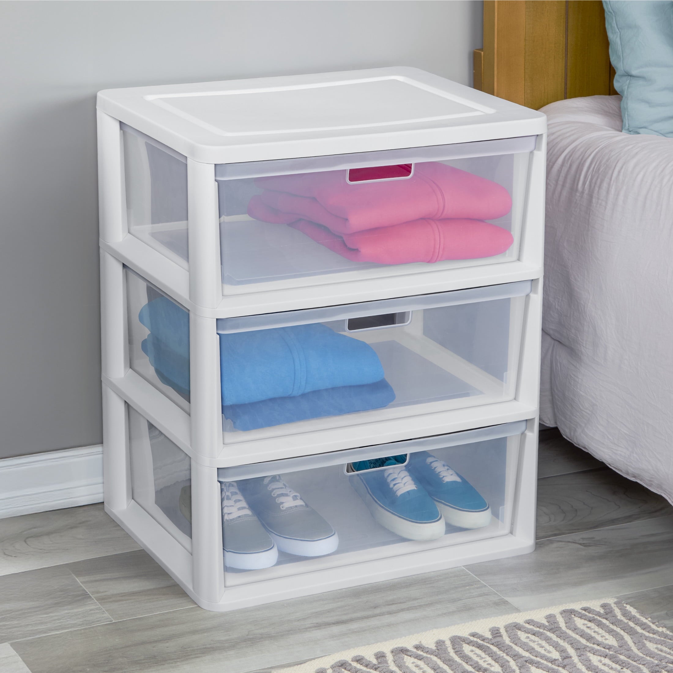 Medium 3 Drawer Tower, with Removable Clear Plastic Storage Bins, Tool-Free, Black