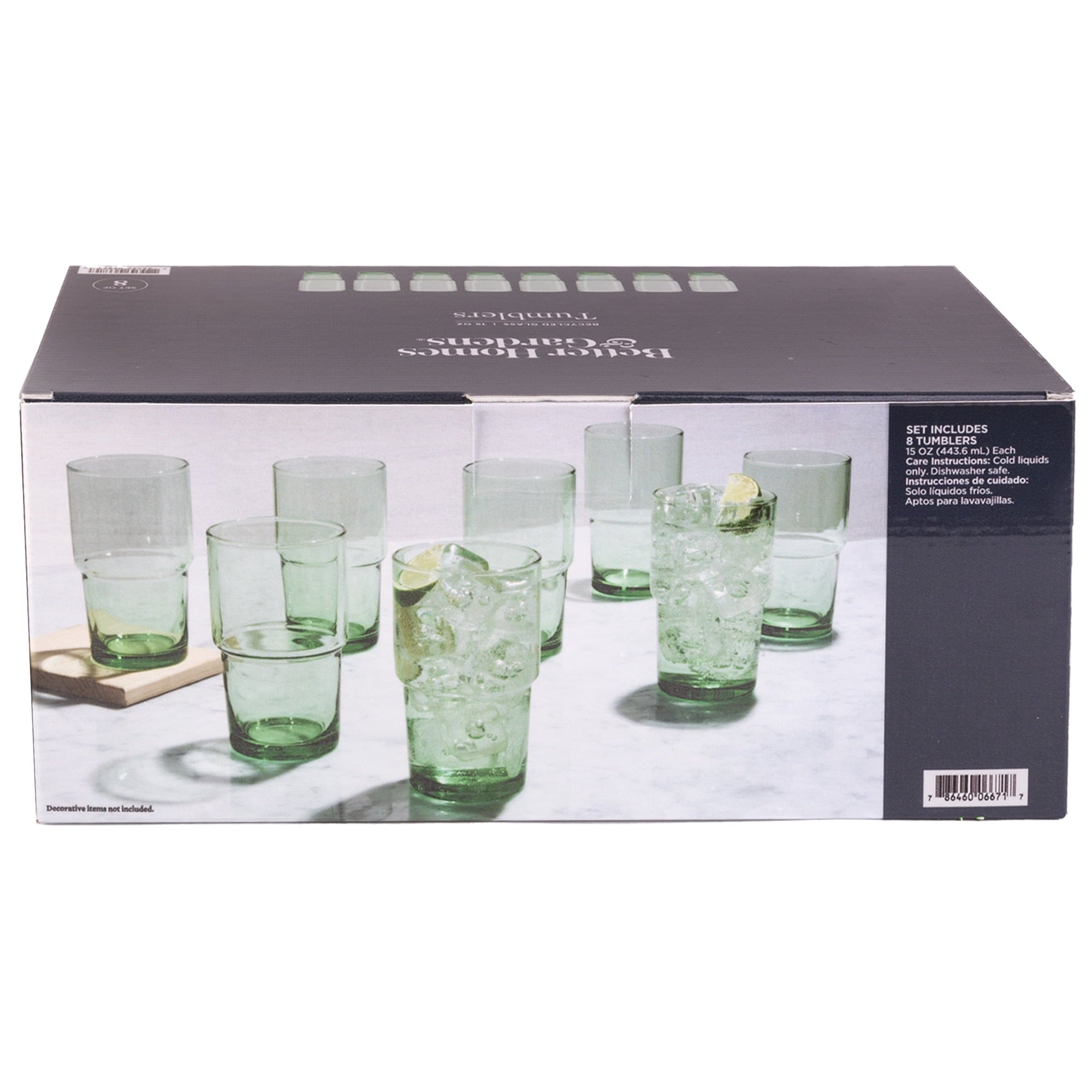 Better Homes &amp; Gardens Clear Green Glass, Glassware, 8 Pack, 15 oz