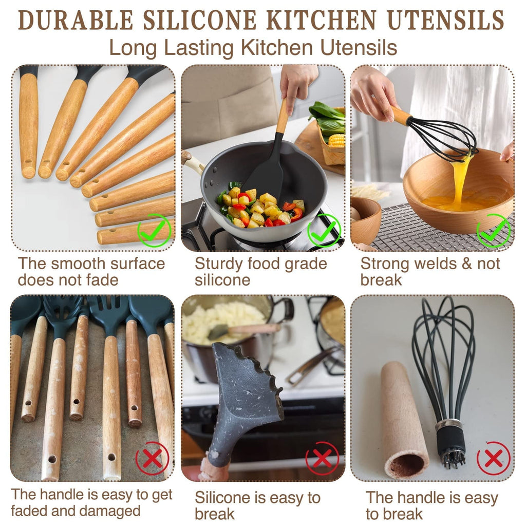 38 Pcs Silicone Cooking Utensils Kitchen Utensil Set - 446°F ,Turner Tongs,Spatula,Spoon,Brush,Whisk. Wooden Handles Kitchen Gadgets Tools Set for Non-Stick Cookware (BPA Free).
