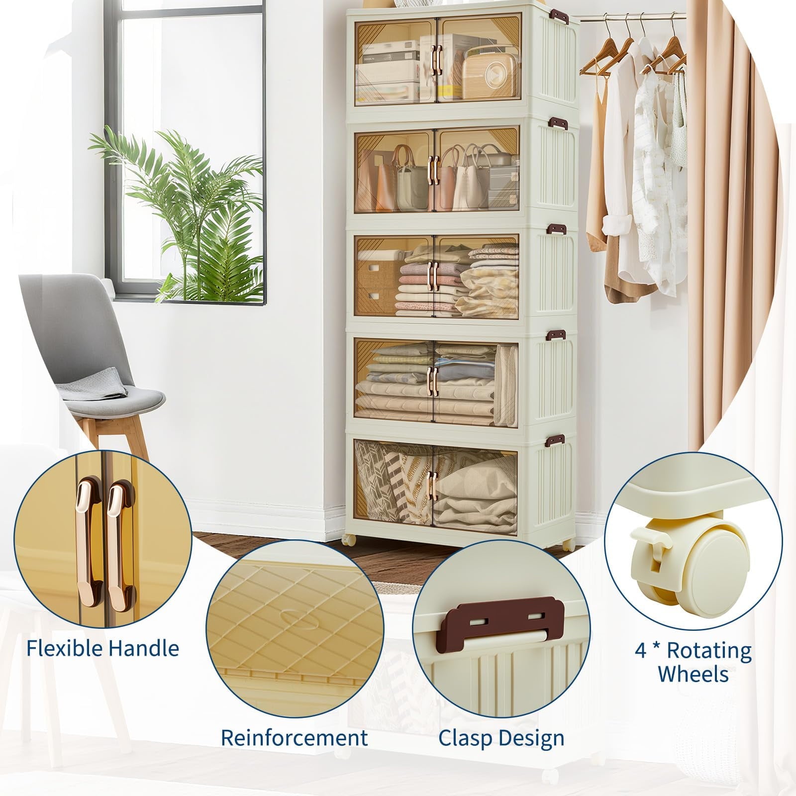 3 Tier Plastic Storage Bins with Lid 48QT, Storage Containers with Wheels, Folding Storage Boxes, with Magnetic Doors for Home,Office, Dorm Room