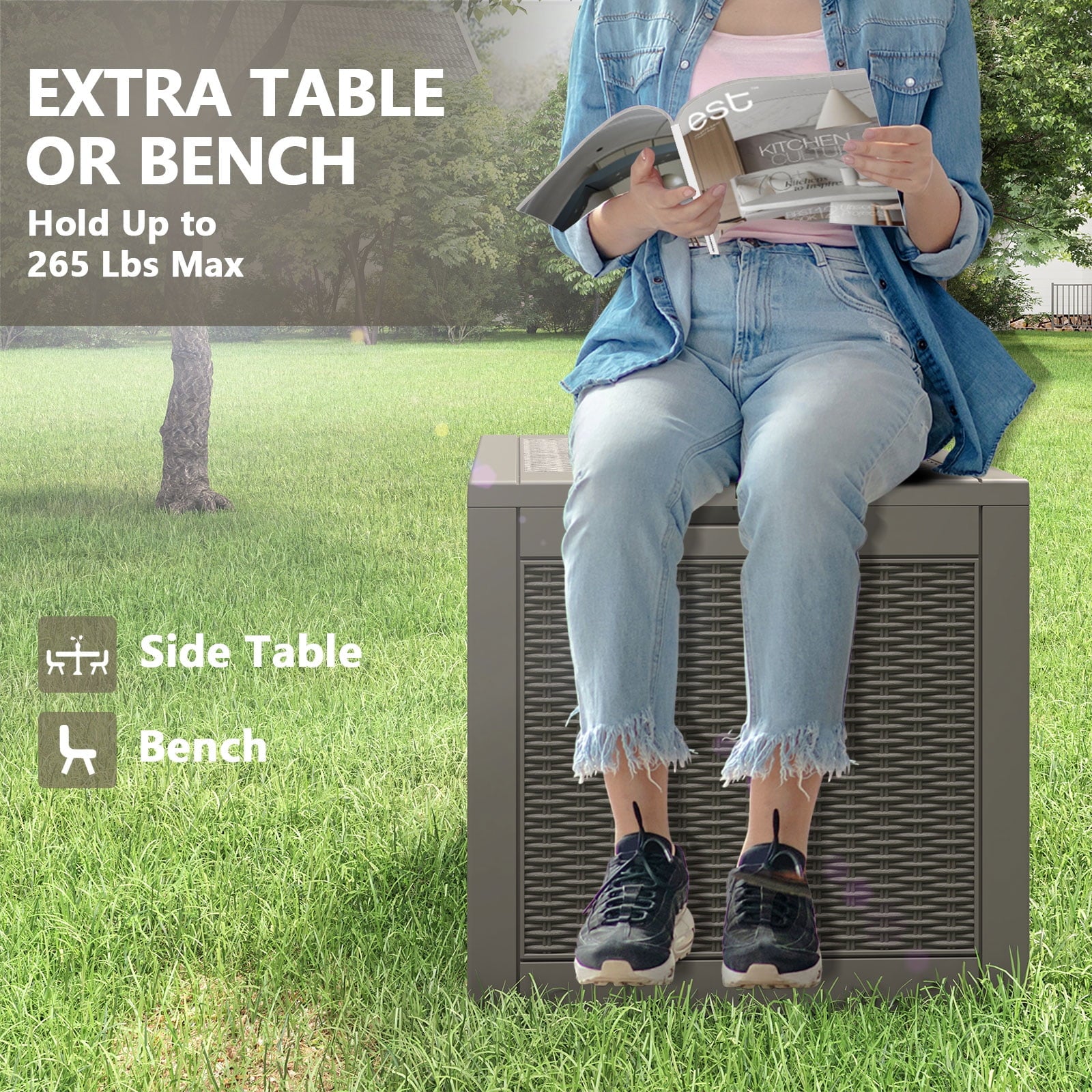 31 Gallon Deck Box, Resin Outdoor Storage Box, and Storage Deck Box for Garden Tools, Supplies, Toys
