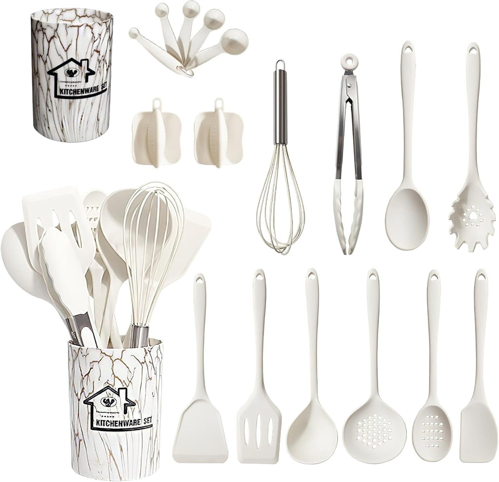 18PCS Silicone Cooking Utensils Set - 446°F Kitchen Utensils,Turner Tongs,Spatula,Spoon,Brush,Whisk,Kitchen Utensil Gadgets Tools Set for Nonstick Cookware, - White