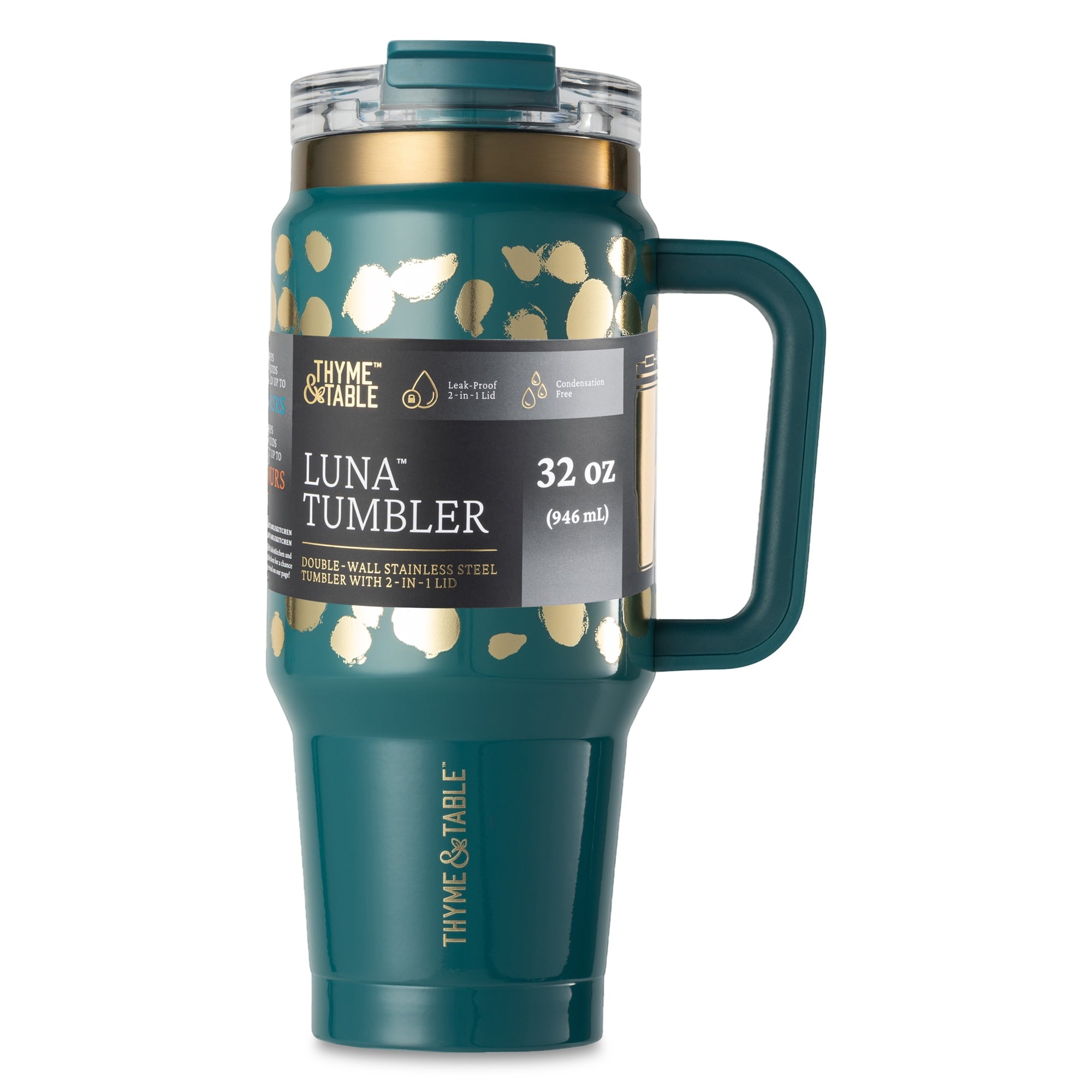 Thyme &amp; Table 32 fl oz Stainless Steel Luna Tumbler with Handle and Dual Straw Lid, Cream &amp; Black Check