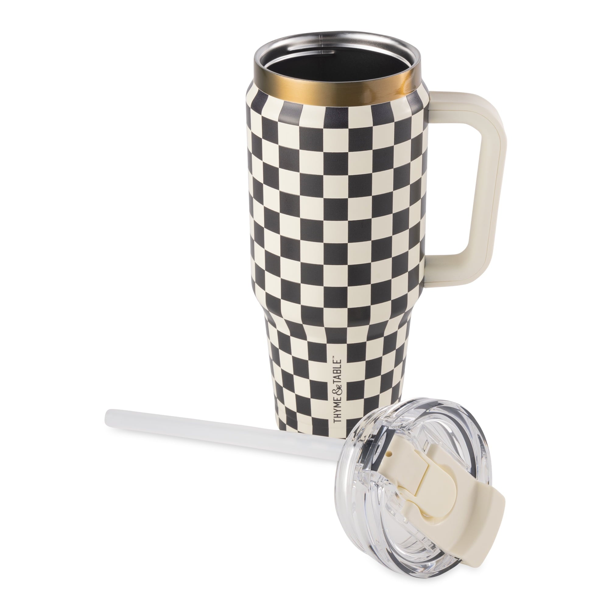 Thyme &amp; Table 32 fl oz Stainless Steel Luna Tumbler with Handle and Dual Straw Lid, Cream &amp; Black Check