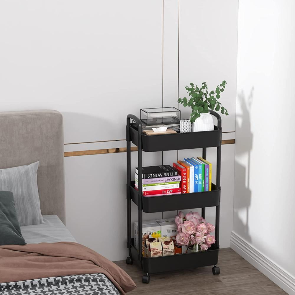 3-Tier Metal Rolling Storage Cart Shelves Rolling Utility Cart Organizer Cart Movable Storage Organizer Bathroom Kitchen Office Workshop White