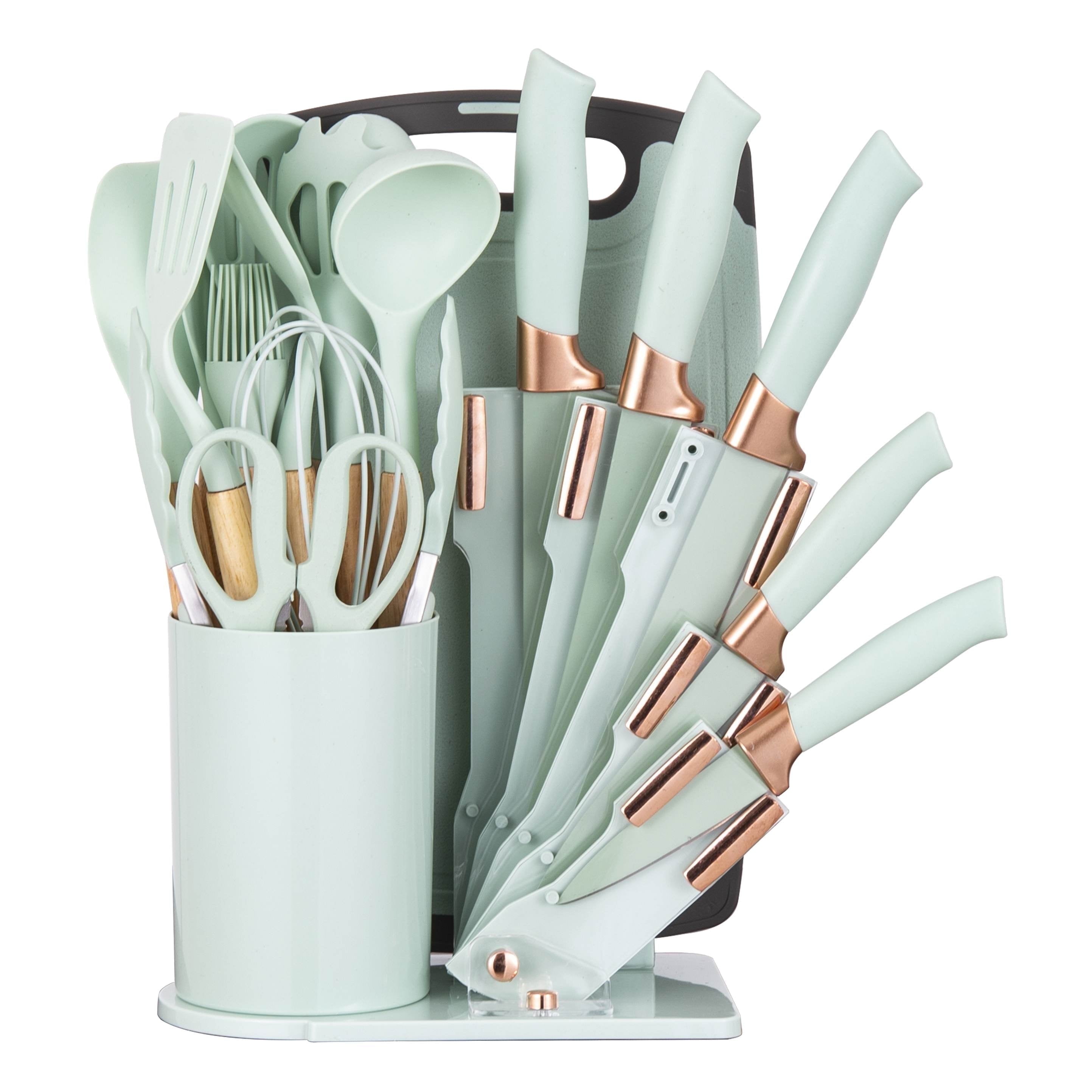 19-Piece Silicone Kitchen Utensil &amp; Knife Set - Heat-Resistant Cooking Tools Non-Stick Safe Gift for Mom or Women Black