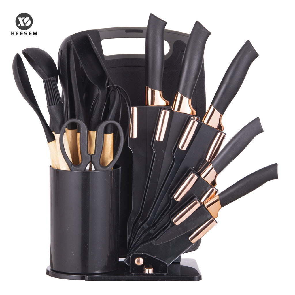19-Piece Silicone Kitchen Utensil &amp; Knife Set - Heat-Resistant Cooking Tools Non-Stick Safe Gift for Mom or Women Black