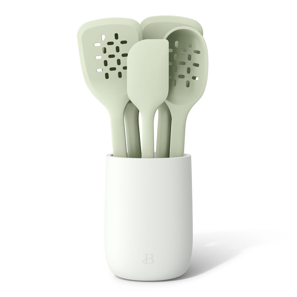 6-Piece Silicone Tool Set with Ceramic Crock, Porcini Taupe by Drew Barrymore