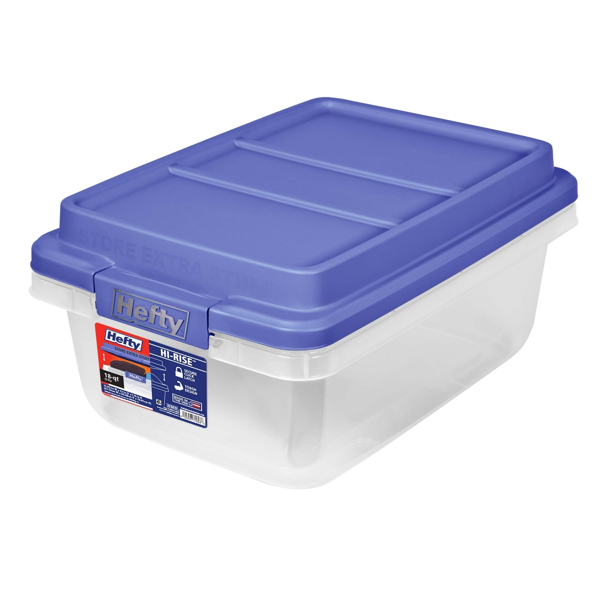 (2 pack) Hefty 18 Quart Clear Plastic Latched Storage Bin with Blue HI-RISE Lid, Adult