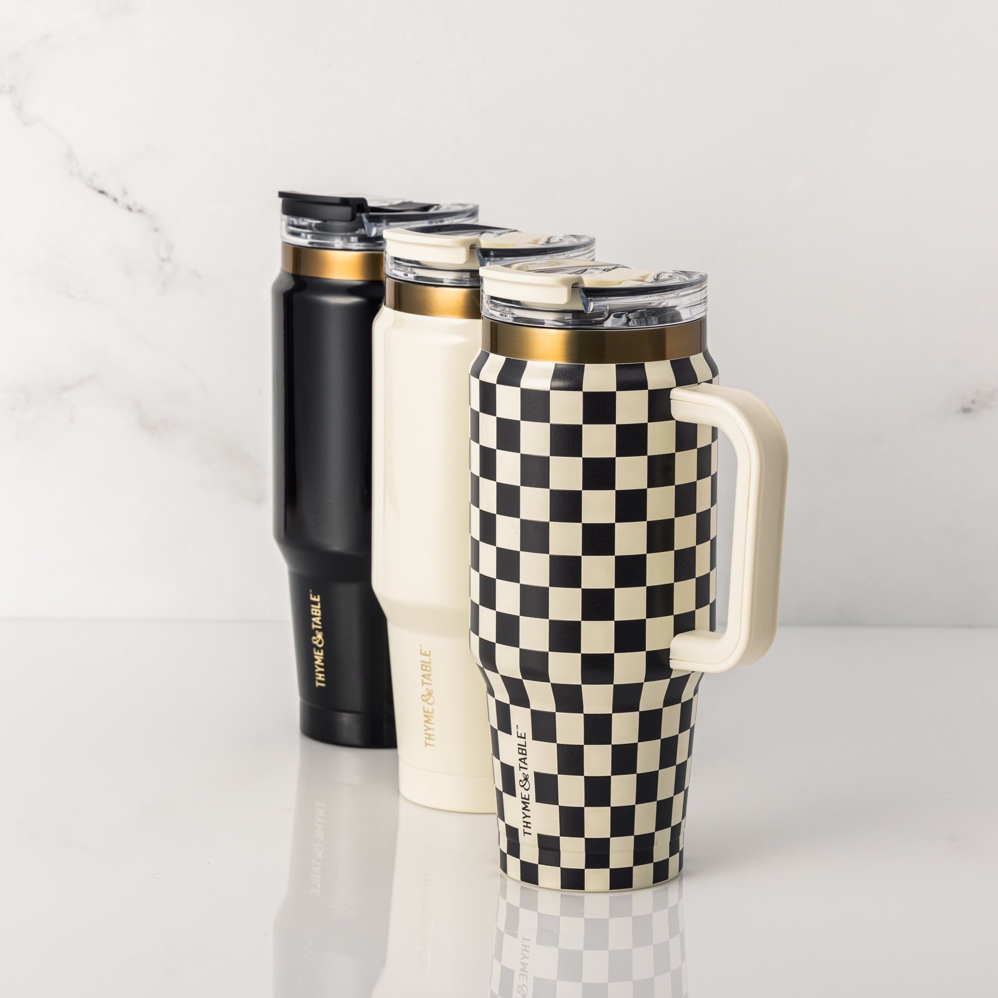 Thyme &amp; Table 32 fl oz Stainless Steel Luna Tumbler with Handle and Dual Straw Lid, Cream &amp; Black Check