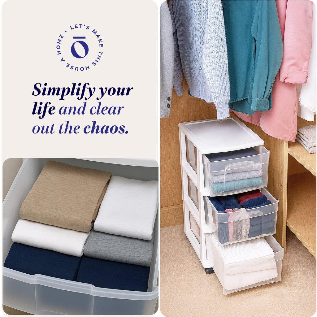 Drawer Tower, 3-Tier Clear Plastic Rolling Storage Cart, Removable Wheels, White
