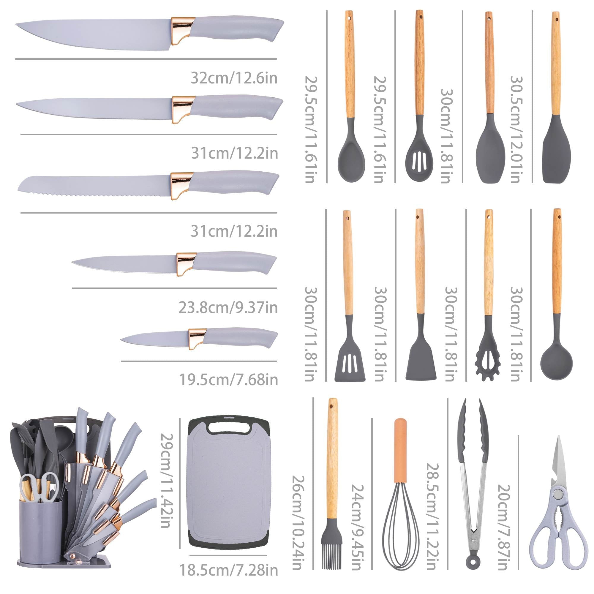 19-Piece Silicone Kitchen Utensil &amp; Knife Set - Heat-Resistant Cooking Tools Non-Stick Safe Gift for Mom or Women Black