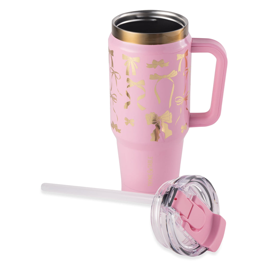 Thyme &amp; Table 32 fl oz Stainless Steel Luna Tumbler with Handle and Dual Straw Lid, Cream &amp; Black Check