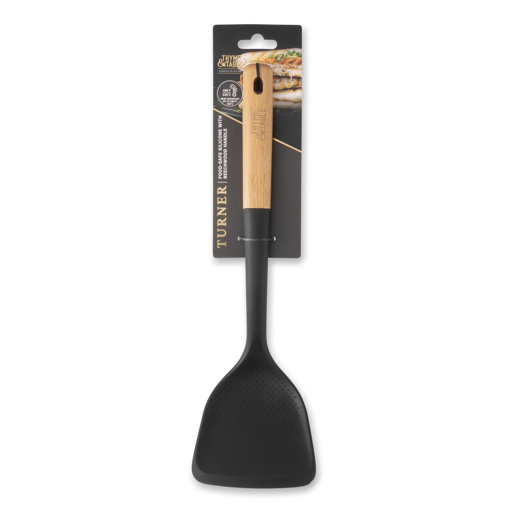Thyme &amp; Table Food-Safe Silicone Turner with Beechwood Handle, Black
