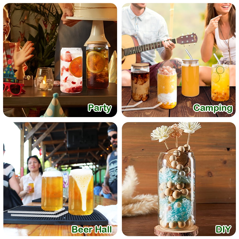 16 oz Glass Cups with Bamboo Lids and Glass Straws, Drinking Glasses Set of 4, Beer Can Shaped Glasses with 2 Cleaning Brushes