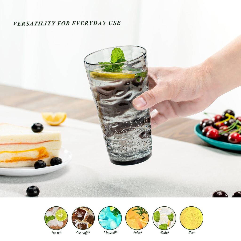 20oz Gray Acrylic Glasses Drinkware (Set of 6), Water-Ripple Shatter-Proof Plastic Tumblers
