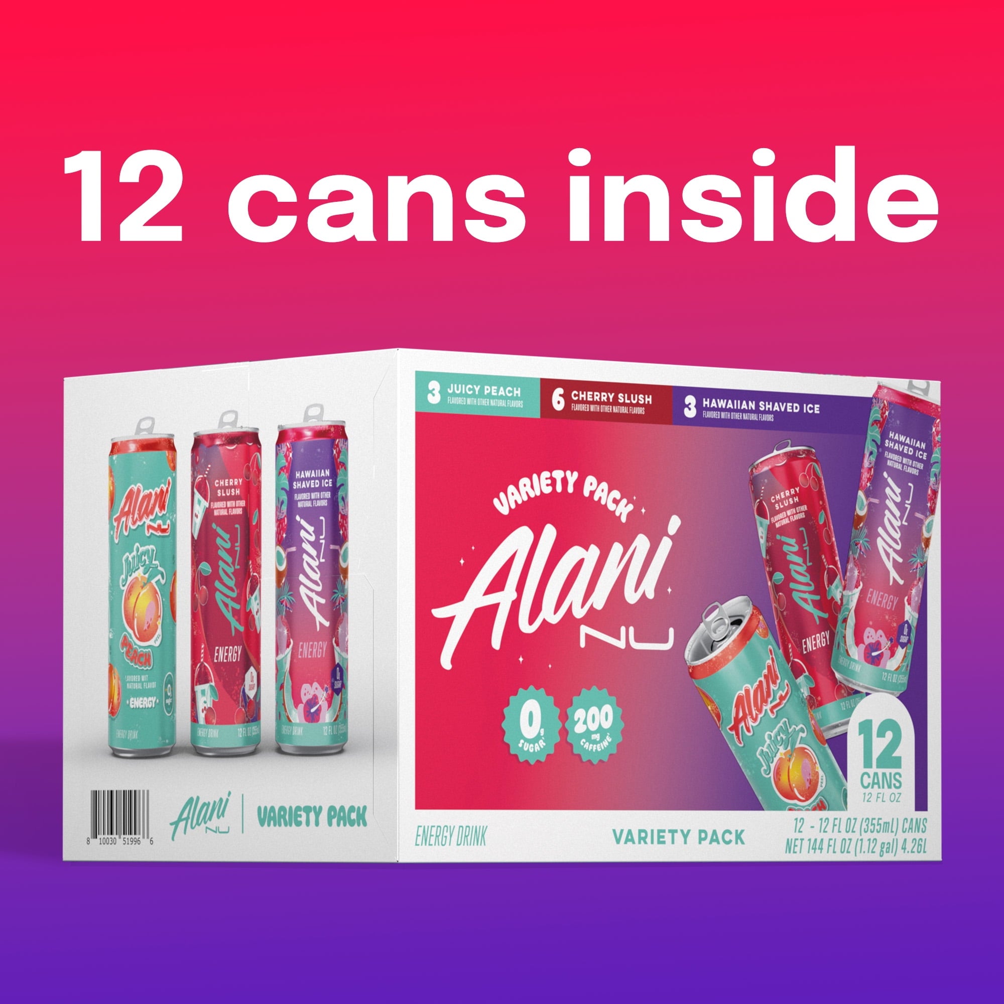 Sugar Free Energy Drink, Variety Pack, Cherry Slush, Juicy Peach, Hawaiian Shaved Ice, 12 fl oz, 12 Pack, Cans, 200mg Caffeine