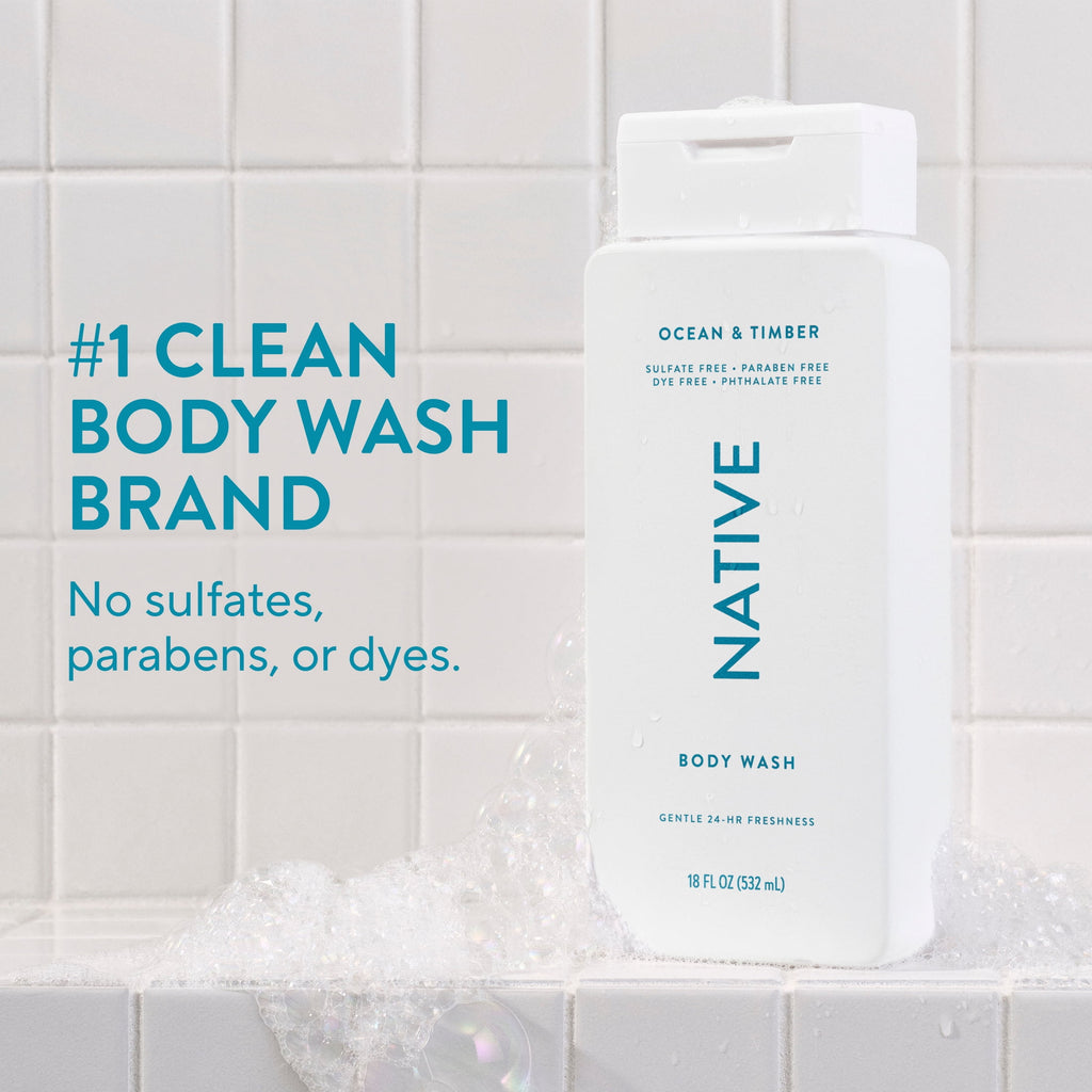 Body Wash, Ocean &amp; Timber, Sulfate Free, Naturally Derived Ingredients, 24hr Freshness, for Women &amp; Men, 18 fl oz