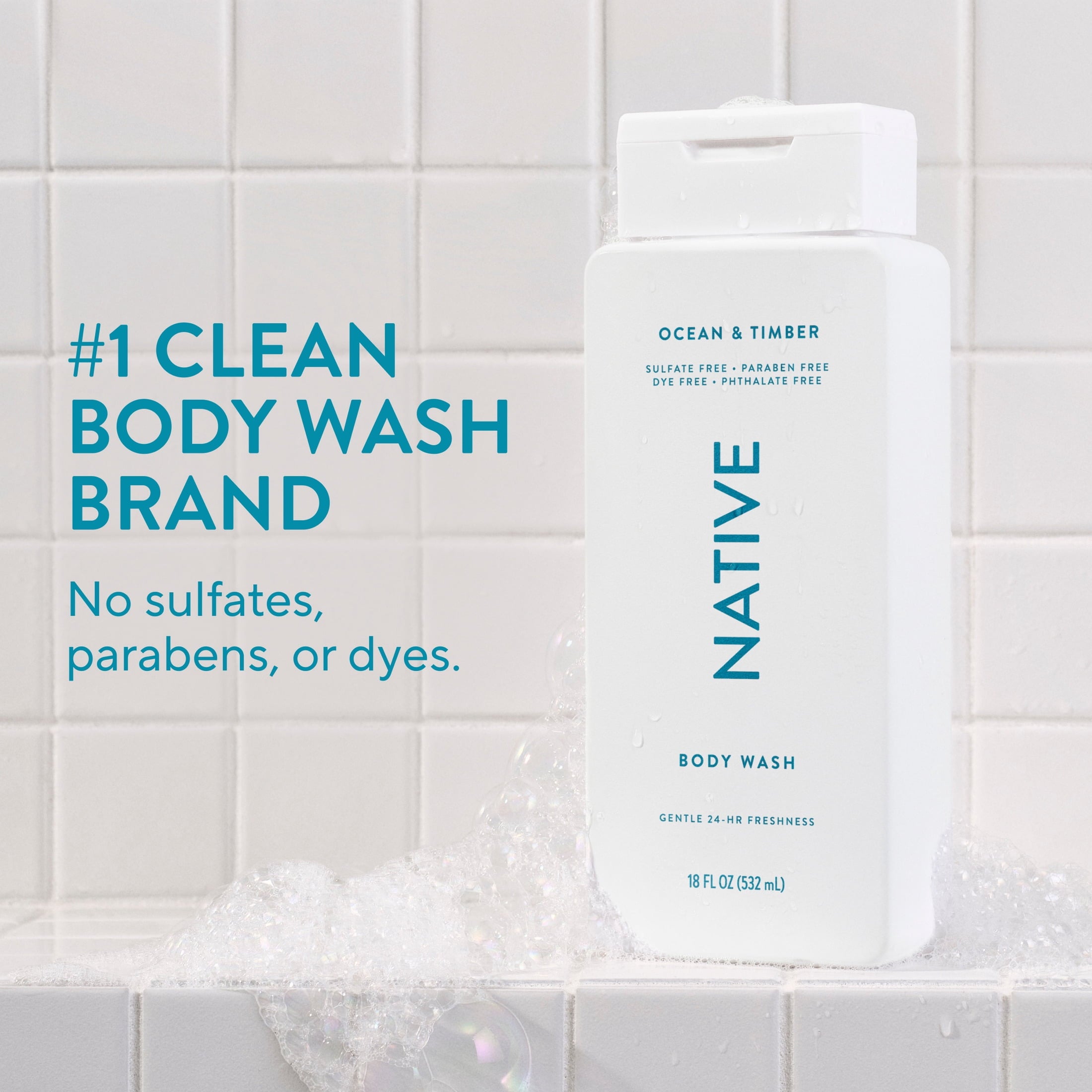 Body Wash, Ocean &amp; Timber, Sulfate Free, Naturally Derived Ingredients, 24hr Freshness, for Women &amp; Men, 18 fl oz