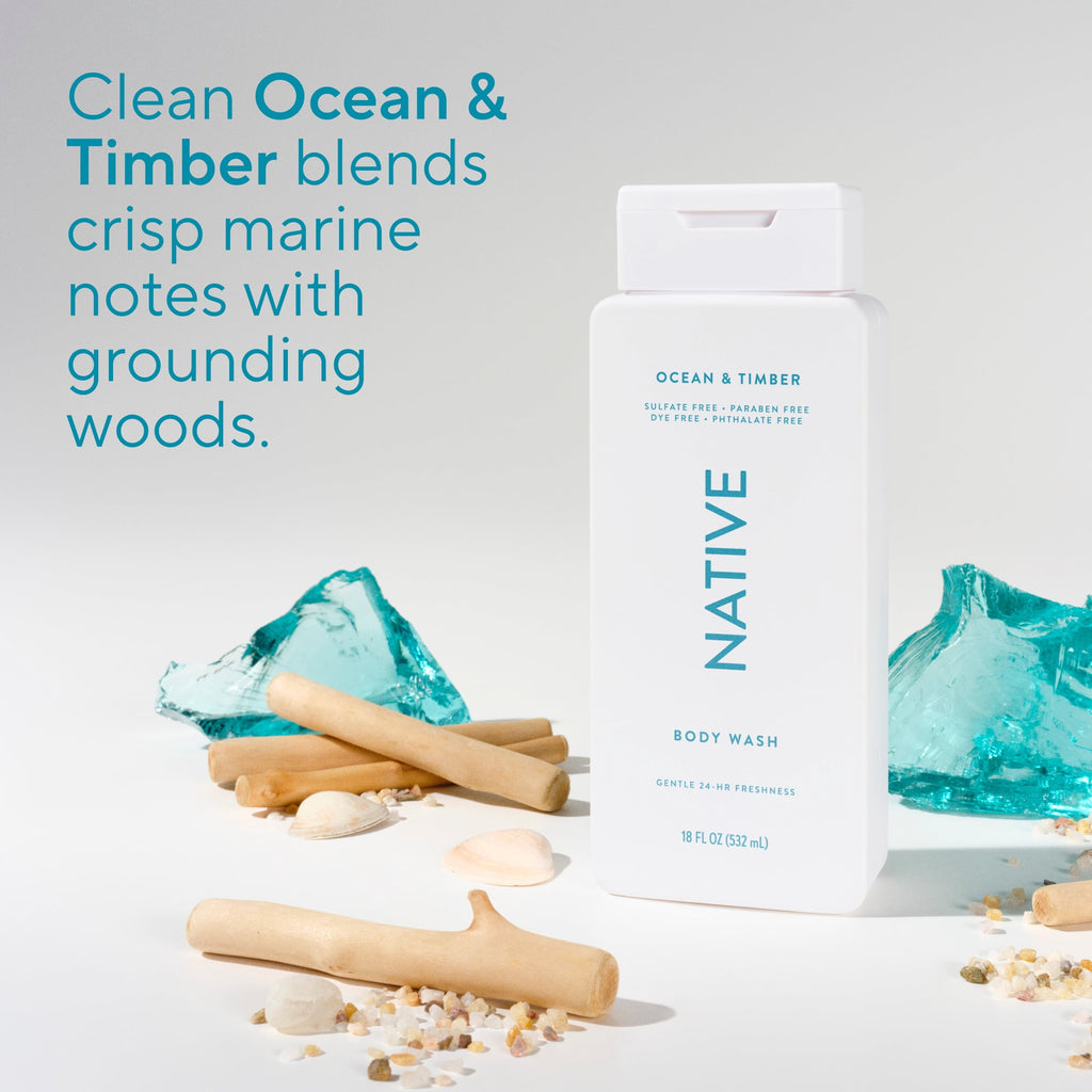 Body Wash, Ocean &amp; Timber, Sulfate Free, Naturally Derived Ingredients, 24hr Freshness, for Women &amp; Men, 18 fl oz