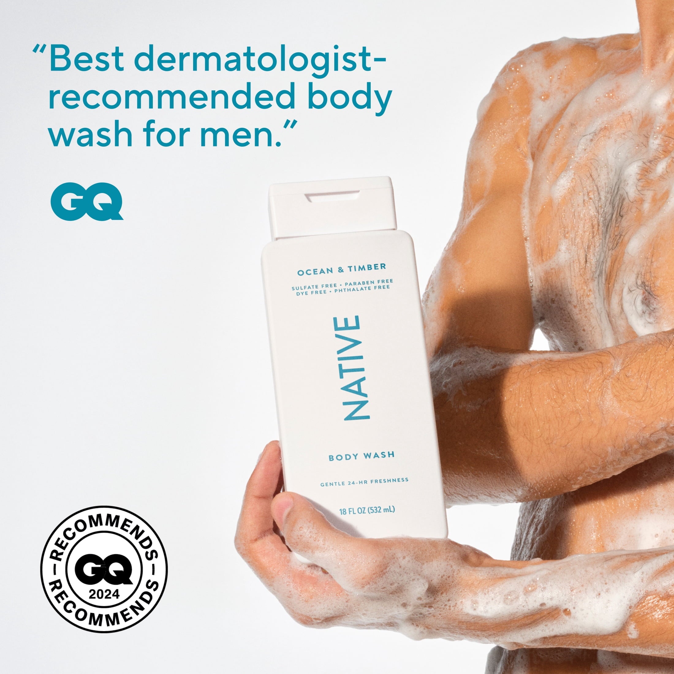 Body Wash, Ocean &amp; Timber, Sulfate Free, Naturally Derived Ingredients, 24hr Freshness, for Women &amp; Men, 18 fl oz