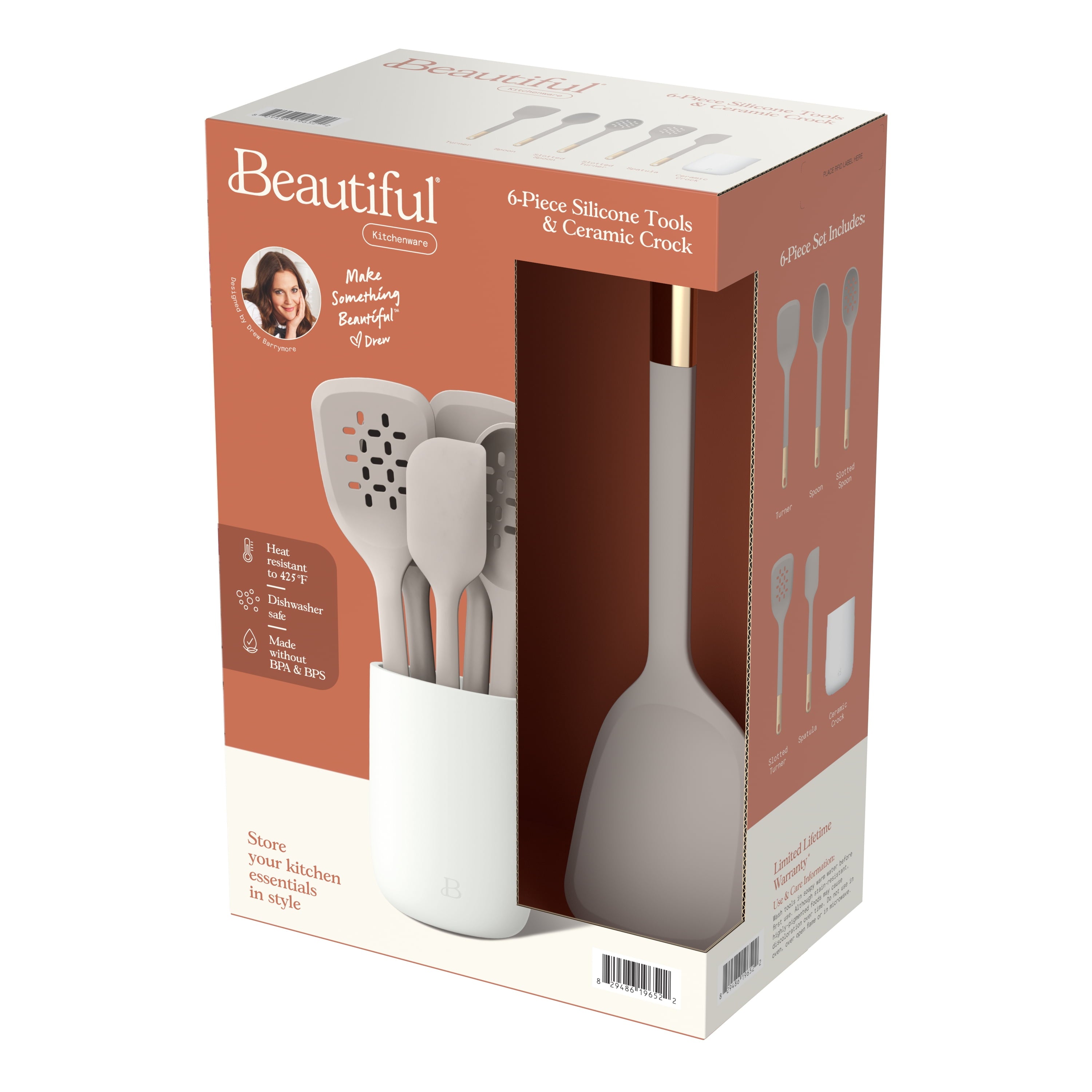 6-Piece Silicone Tool Set with Ceramic Crock, Porcini Taupe by Drew Barrymore