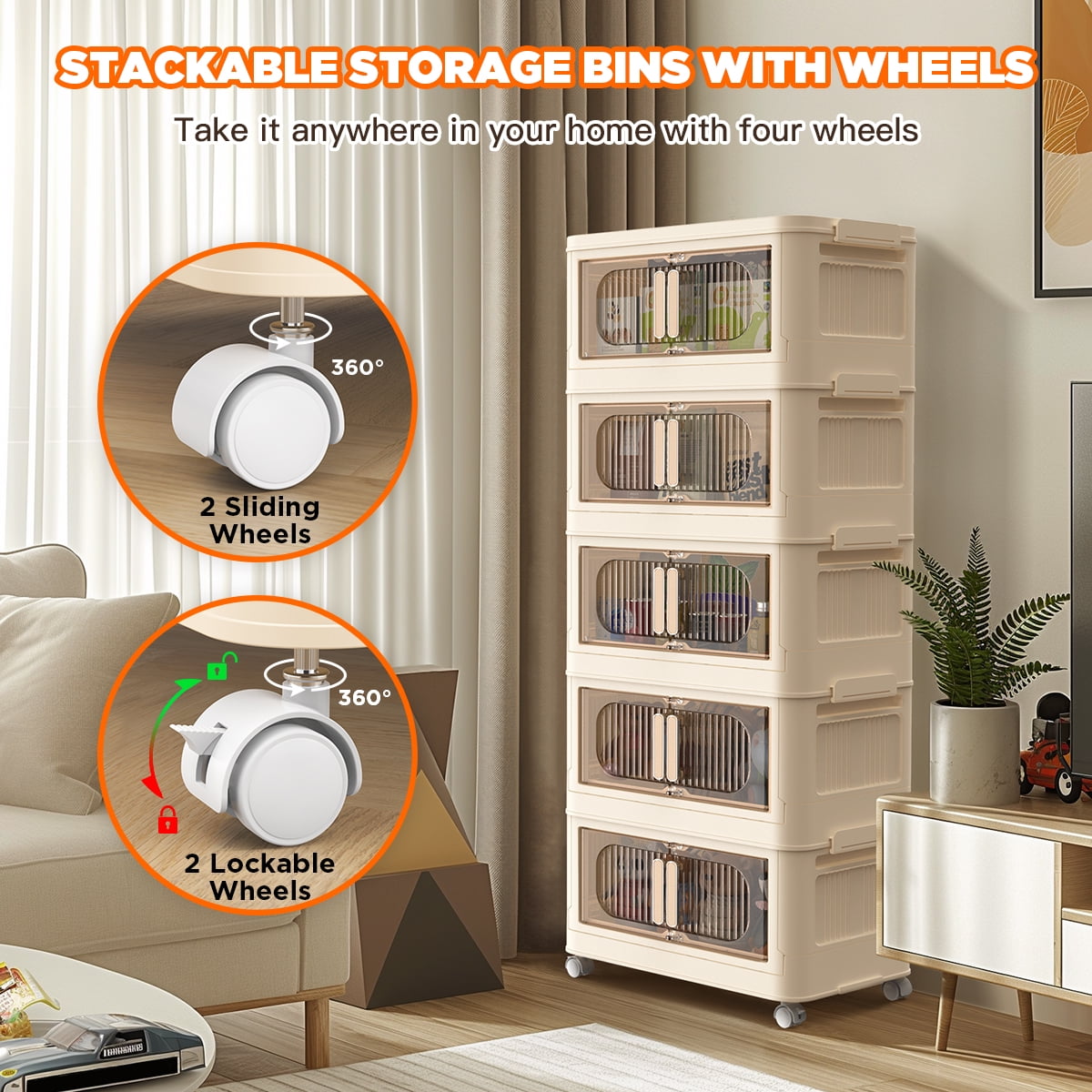 5 Tiers Storage Bins with Wheels, Magnetic Dual Open Collapsible Storage Container with Lids, 125QT Folding Storage Box Bins for Closet Organizers, Home and Office, Beige