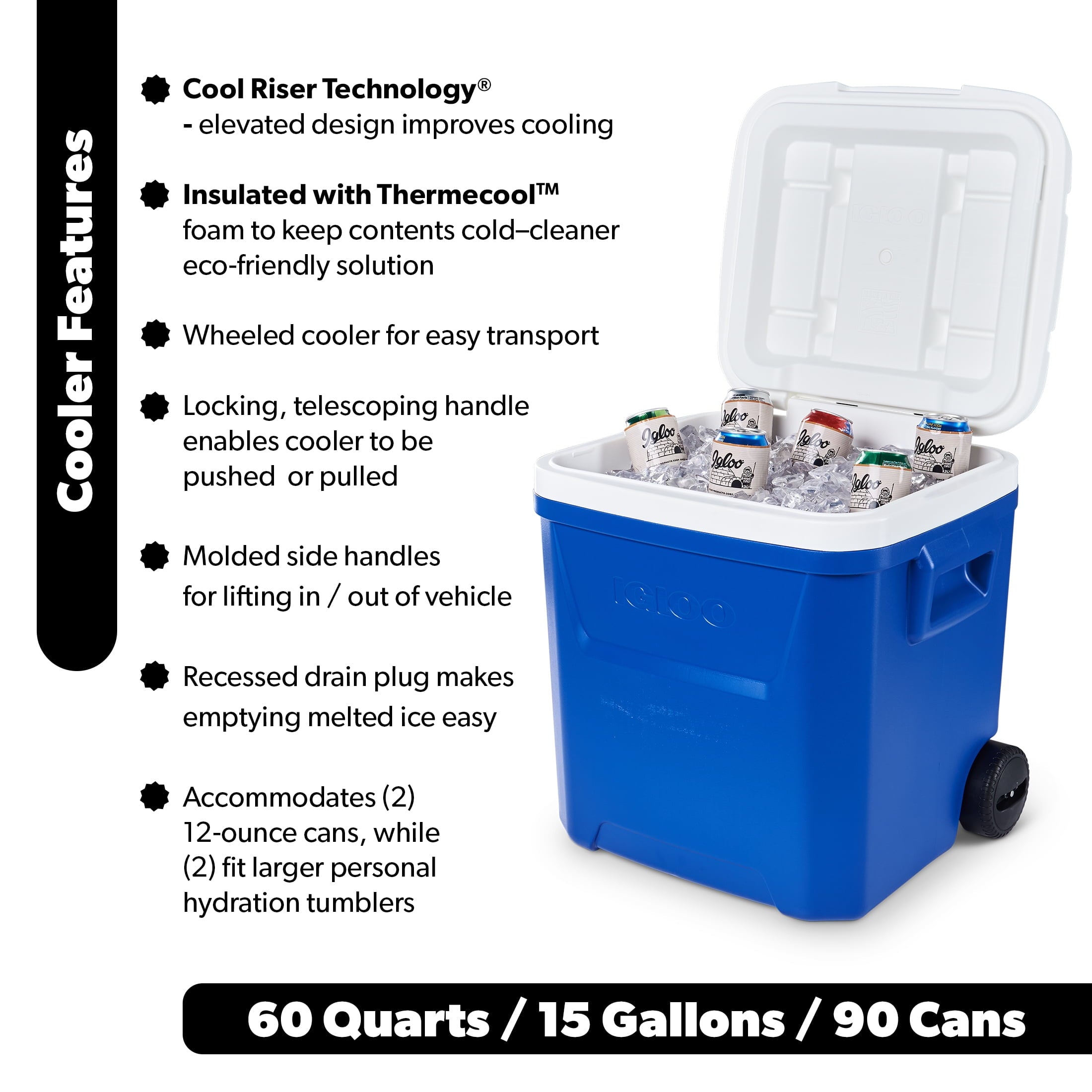 60 QT Laguna Ice Chest Cooler with Wheels, Blue