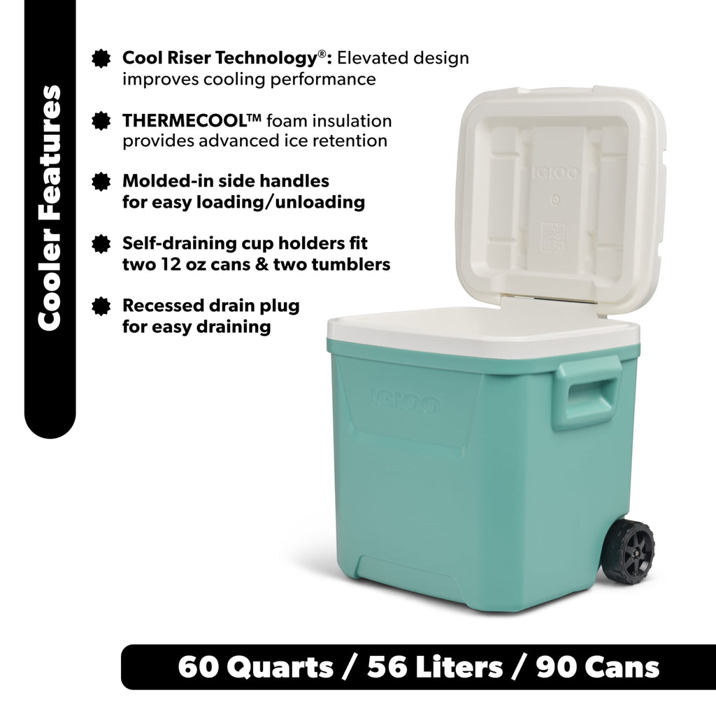 60 QT Laguna Ice Chest Cooler with Wheels, Blue