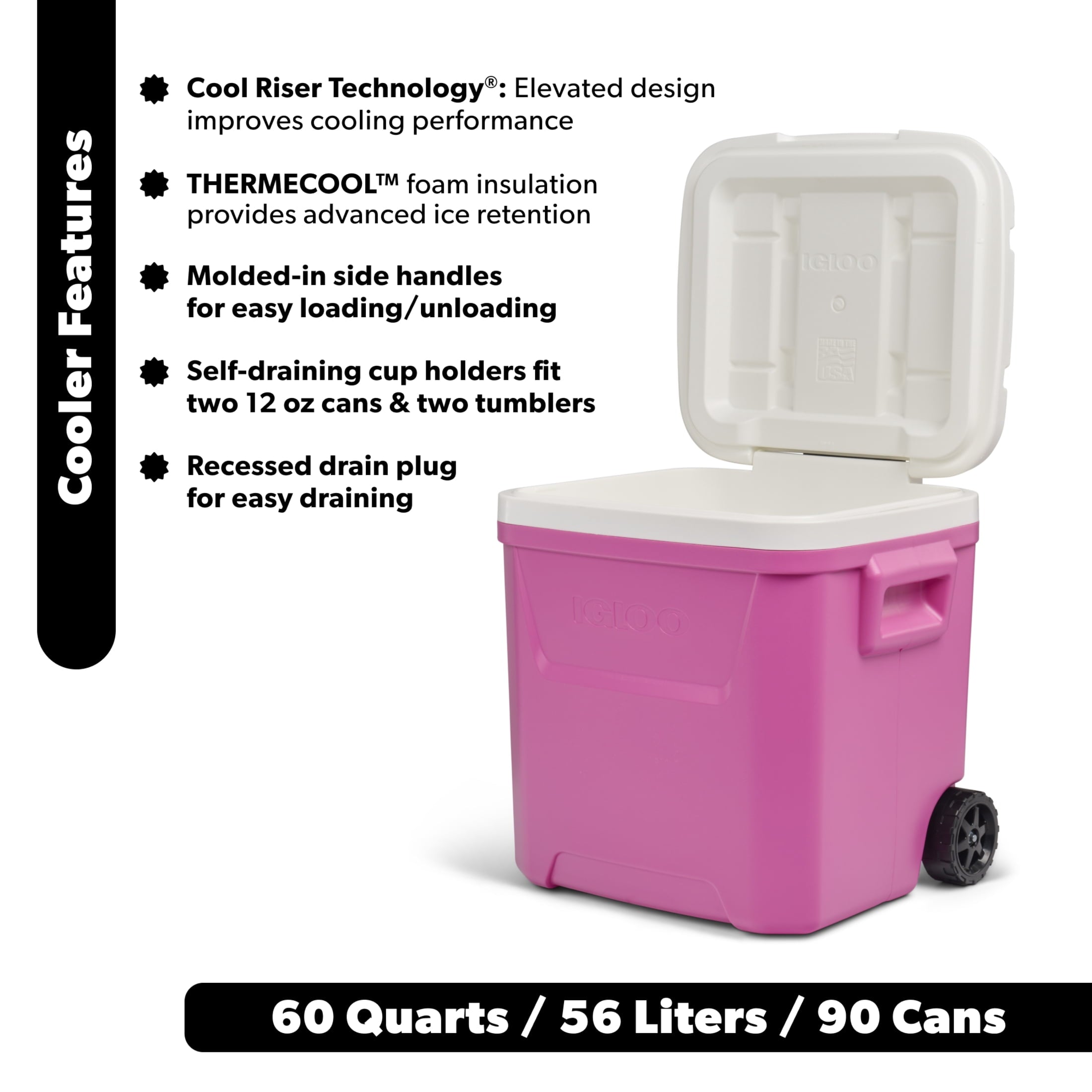 60 QT Laguna Ice Chest Cooler with Wheels, Blue