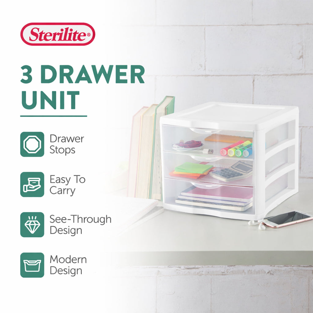 , 3 Drawer Clear Storage Bin, Desktop Drawer Storage Container, White