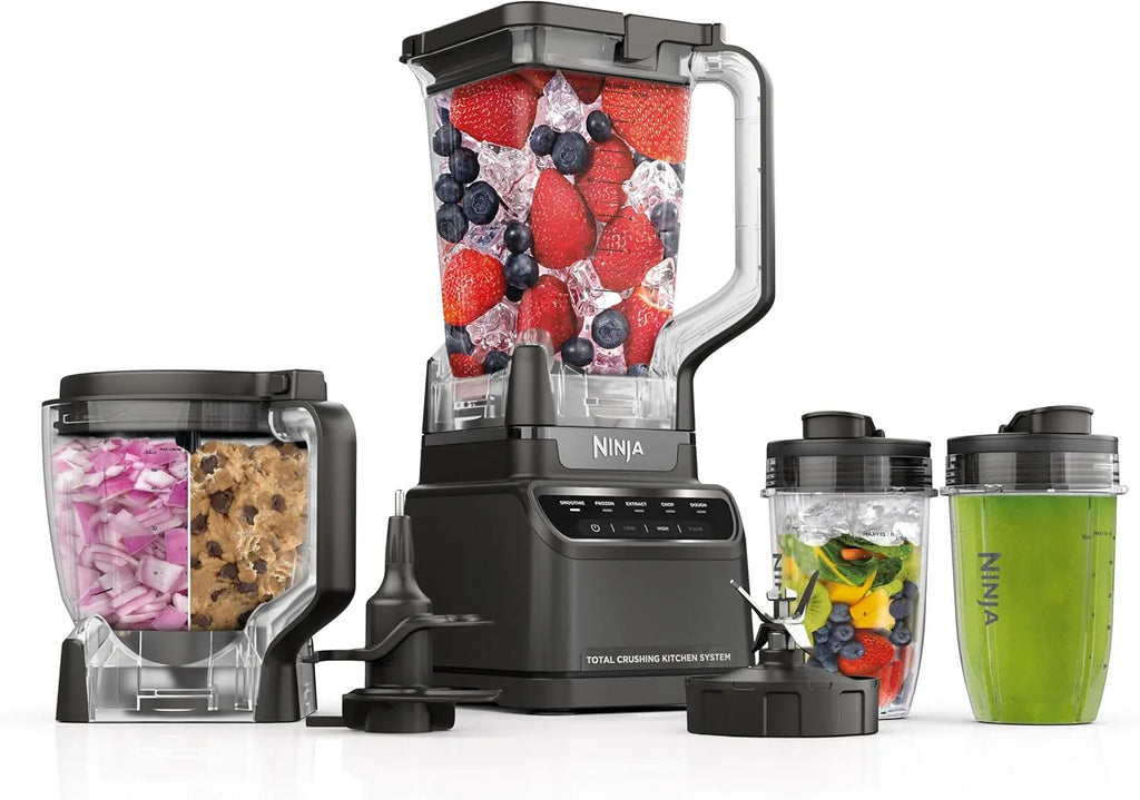 Blender, Mega Kitchen System, 1500W, 4 Functions for Smoothies, Processing, Dough, Drinks & More, with 72 Blender Pitcher, 64 Processor Bowl, 2 Nutri Cups Lids, Black, BL770