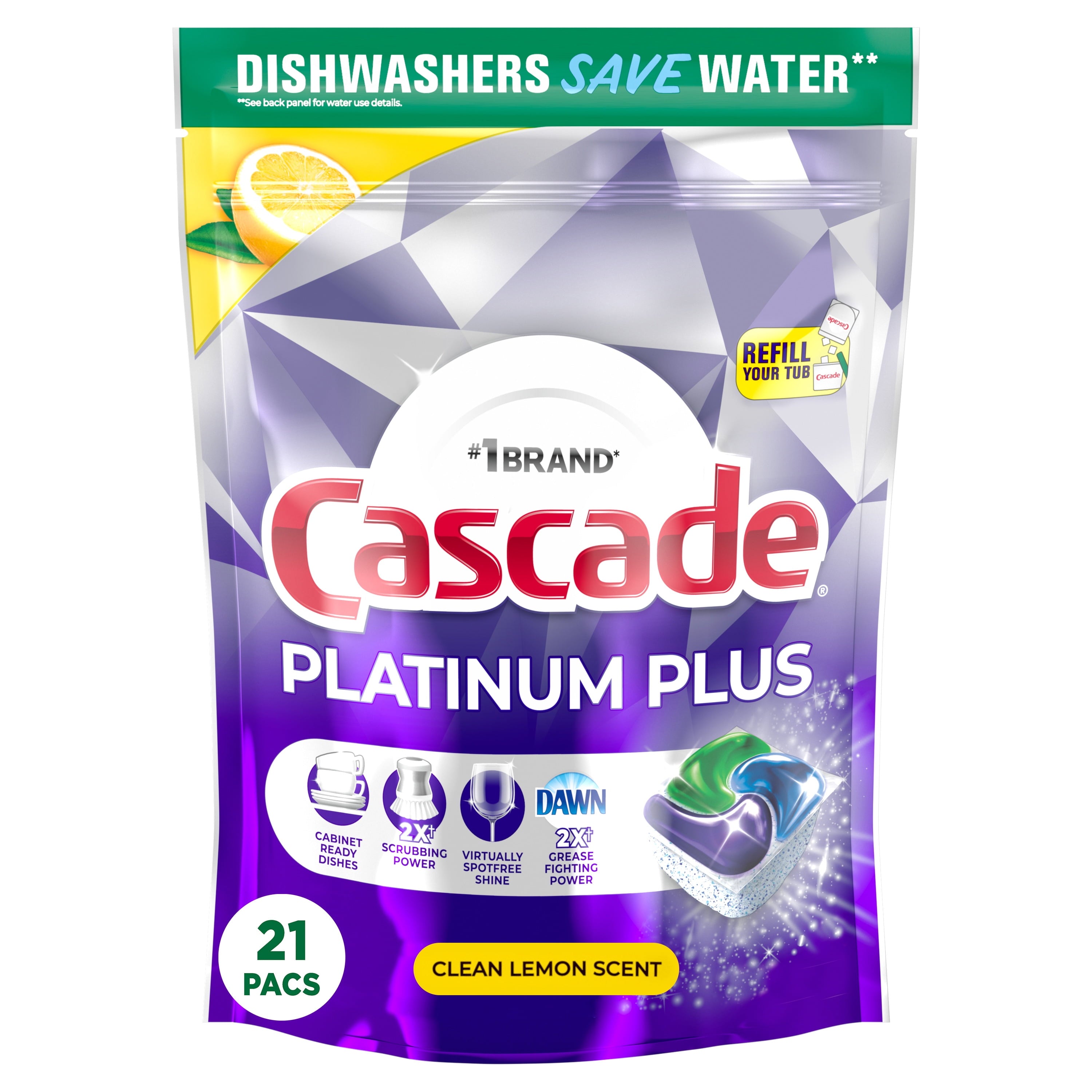 Platinum Plus Dishwasher Pods, Dish Detergent ActionPacs, Clean Lemon, 21 Count