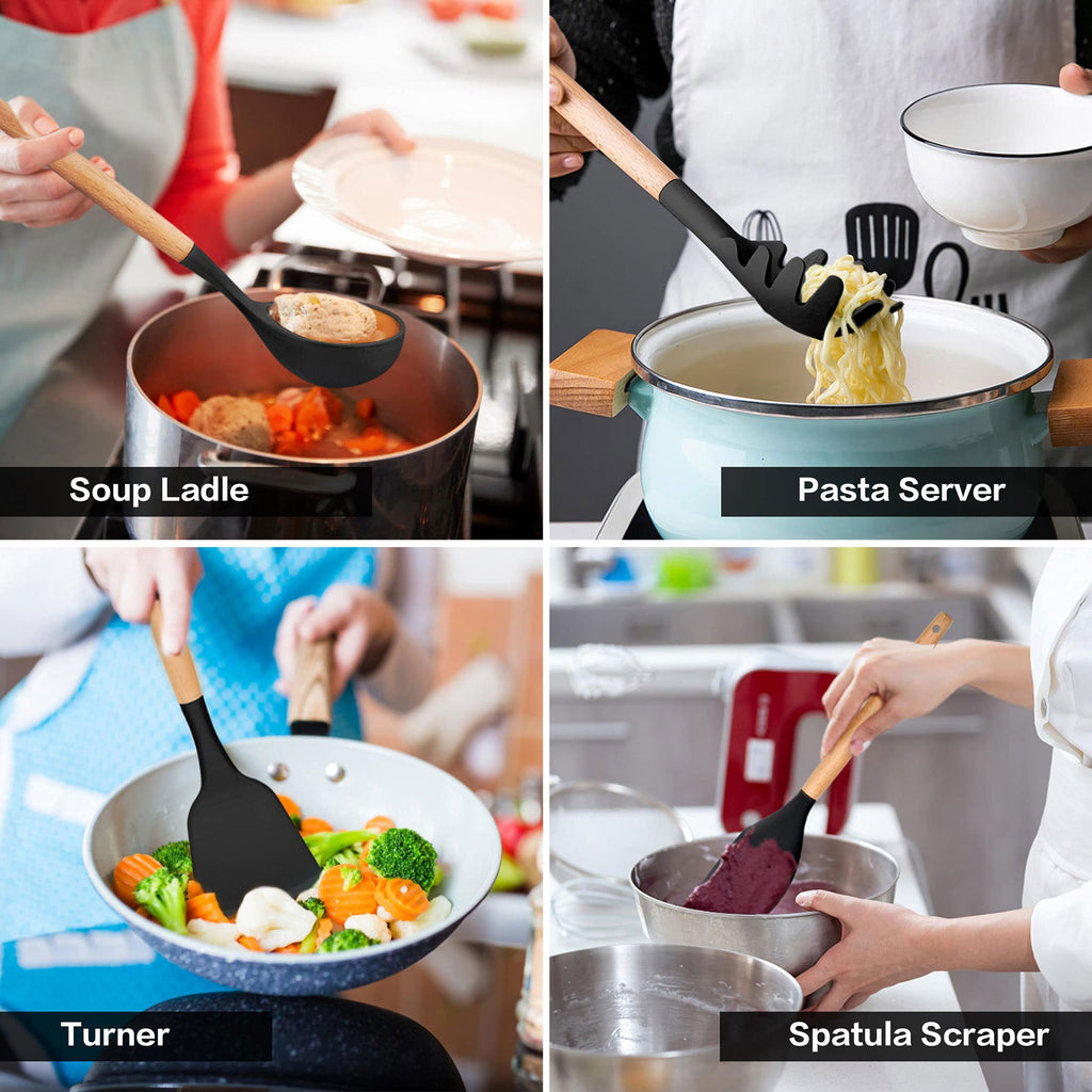 38 Pcs Silicone Cooking Utensils Kitchen Utensil Set - 446°F ,Turner Tongs,Spatula,Spoon,Brush,Whisk. Wooden Handles Kitchen Gadgets Tools Set for Non-Stick Cookware (BPA Free).