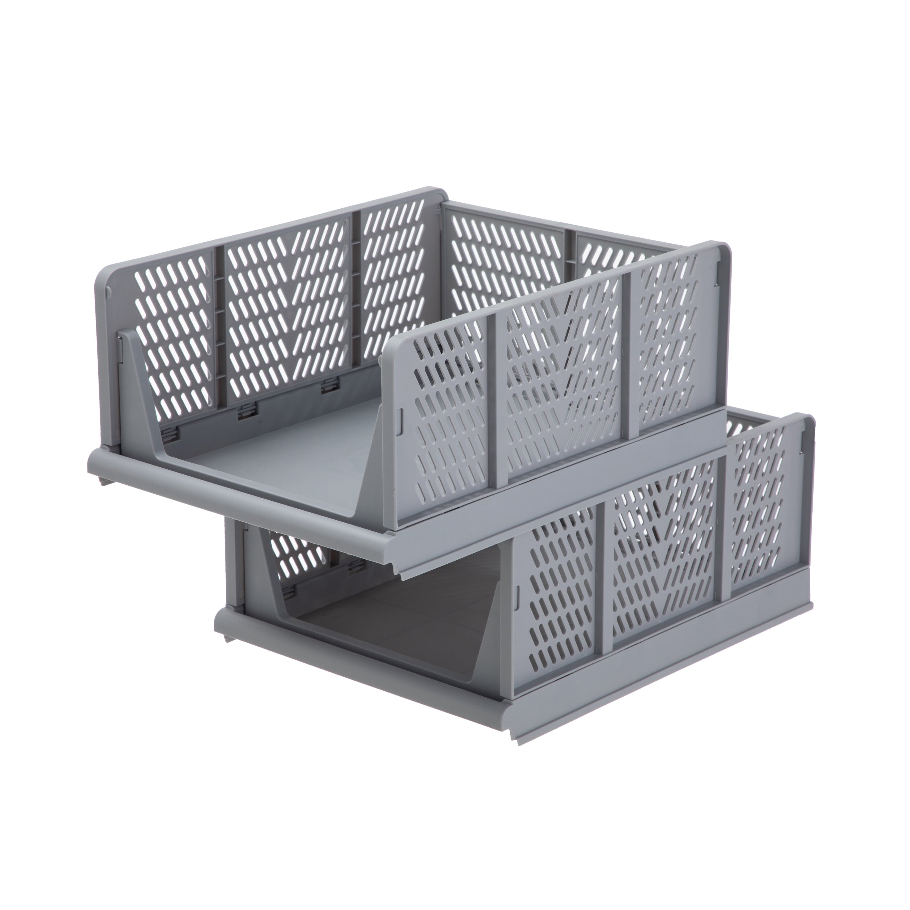 Kids Collapsible Stacking Plastic Storage Bin, Grey, 13 in x 17 in x 1.3 in