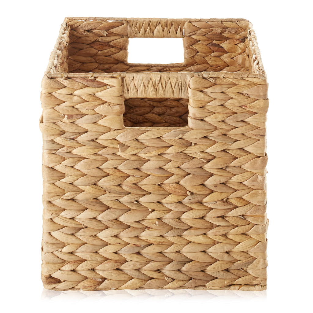 10.5" x 10.5" Water Hyacinth Storage Baskets, Natural - Set of 2 Collapsible Cube Organizers, Woven Bins for Bathroom, Bedroom, Laundry, Pantry, Shelves