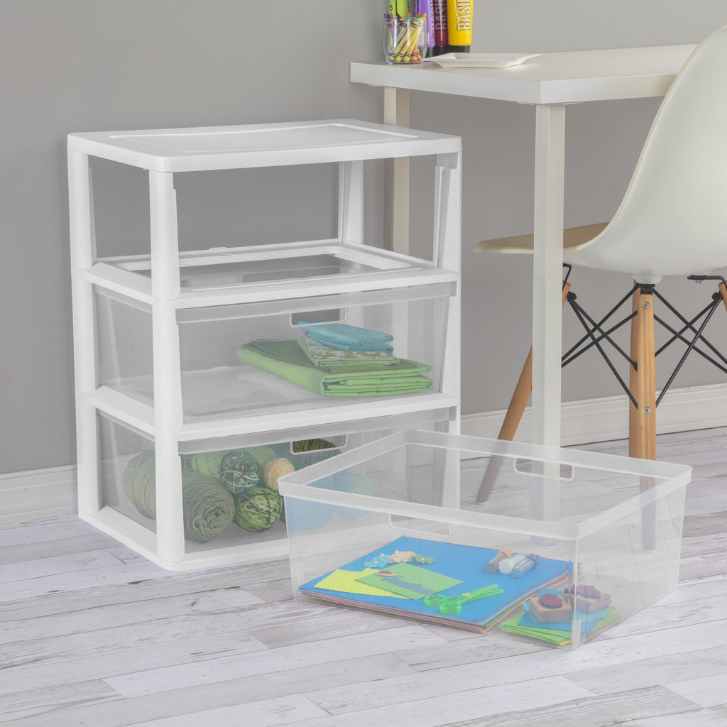 Medium 3 Drawer Tower, with Removable Clear Plastic Storage Bins, Tool-Free, Black