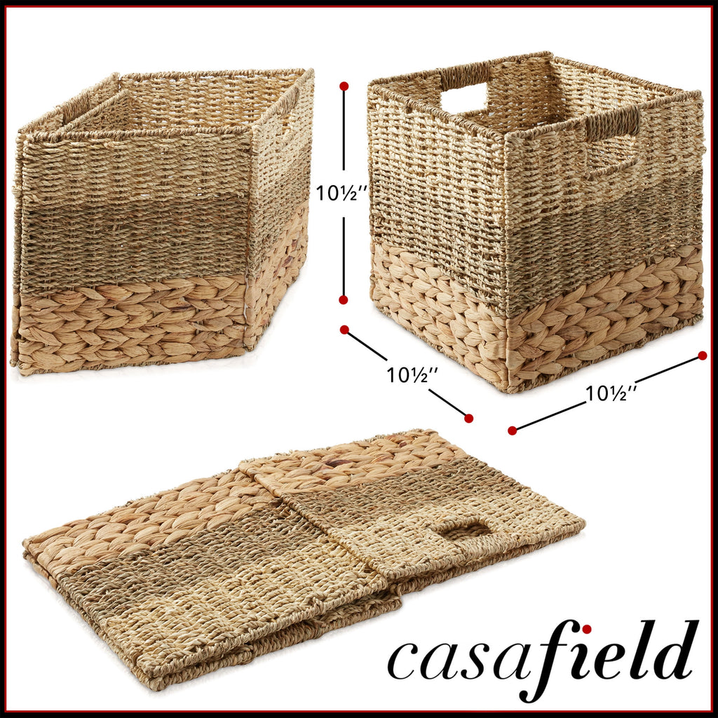 10.5" x 10.5" Water Hyacinth Storage Baskets, Natural - Set of 2 Collapsible Cube Organizers, Woven Bins for Bathroom, Bedroom, Laundry, Pantry, Shelves